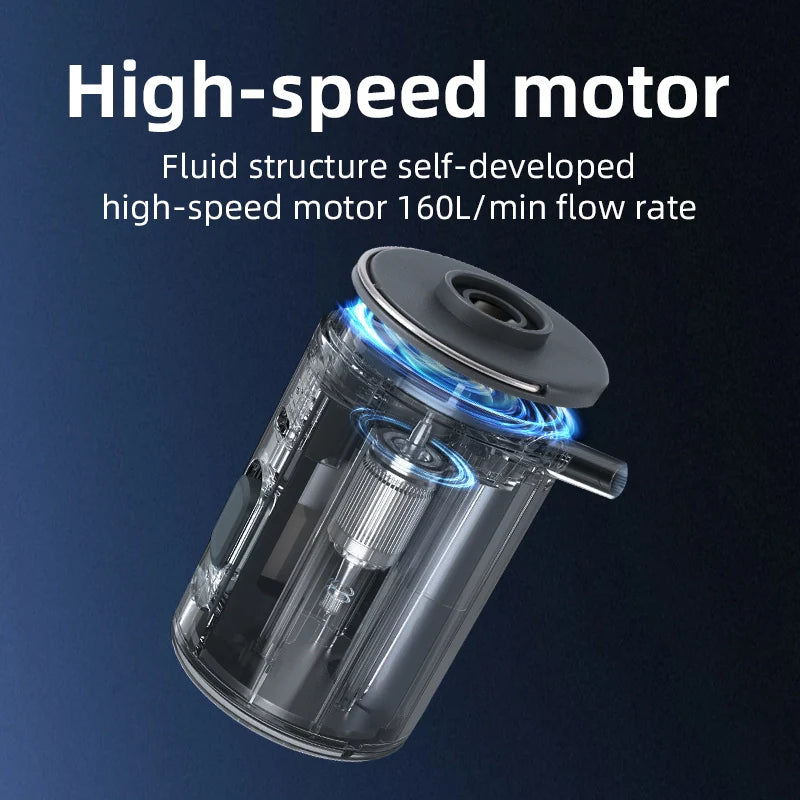 Qunature Global mini electric rechargeable air pump for inflatables, compact design with nozzle attachment.