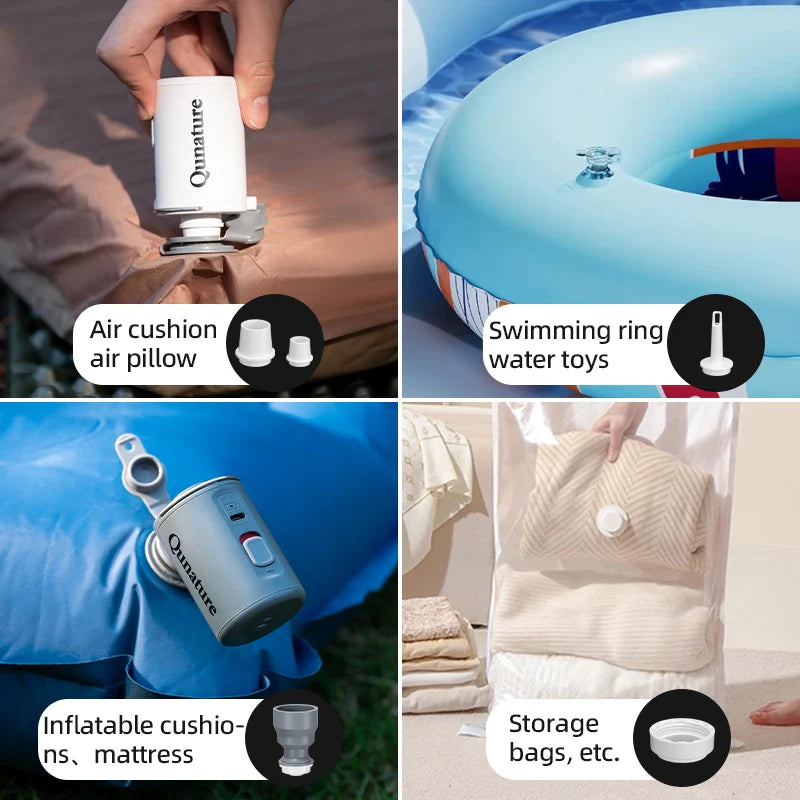 Qunature Global mini electric rechargeable air pump for inflatables, compact design with nozzle attachment visible.