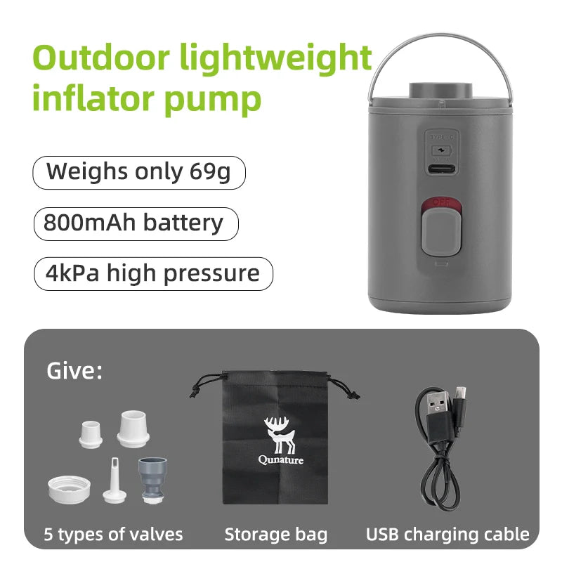 Qunature Global mini electric rechargeable air pump for inflatables with compact design and nozzle attachment.