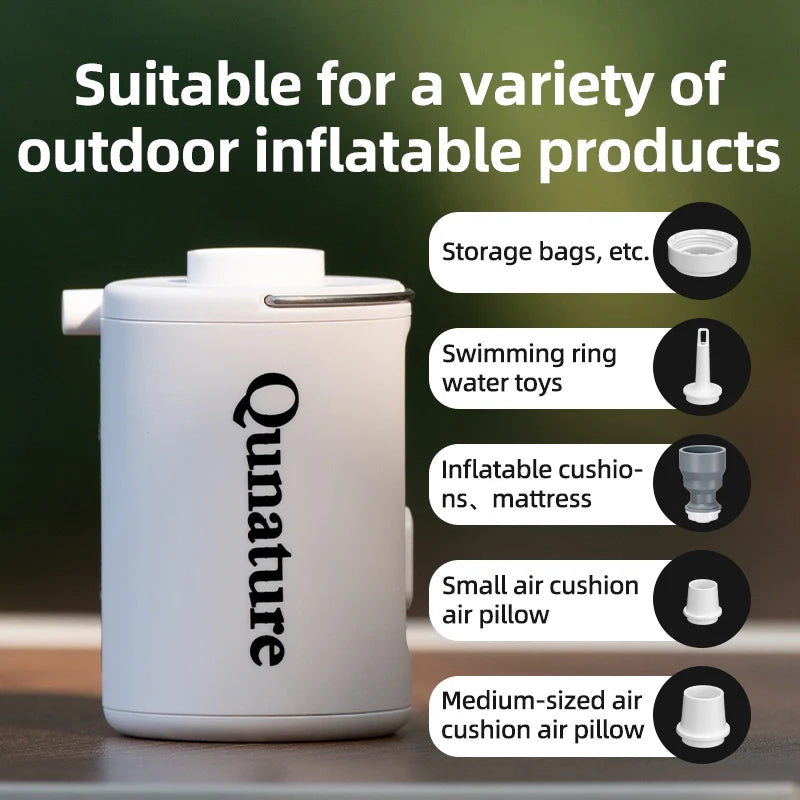 Qunature Global mini electric rechargeable air pump for inflatables, showcasing compact design and nozzle attachment.