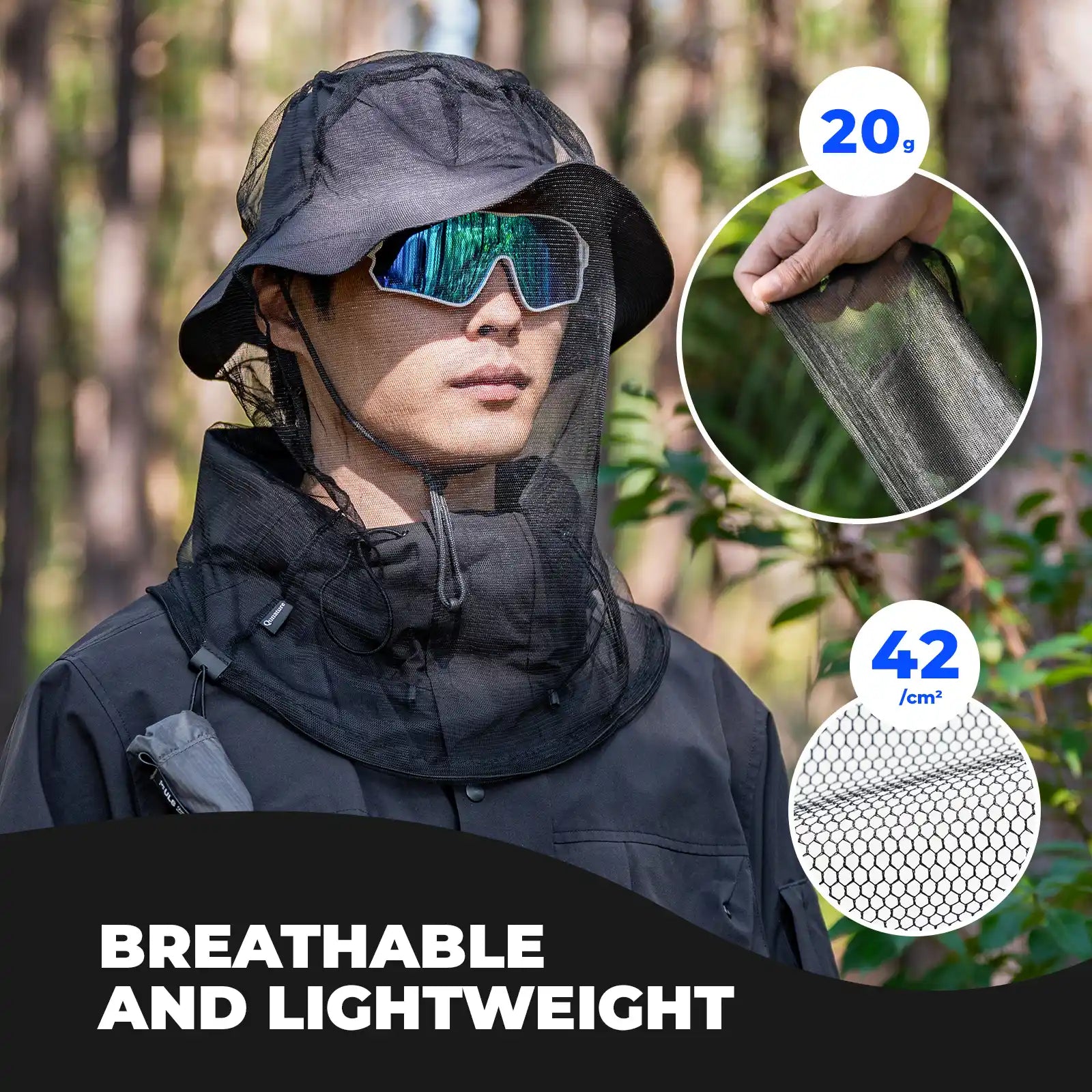 Qunature Global mosquito head net mesh for hiking, featuring fine mesh for insect protection while outdoors.