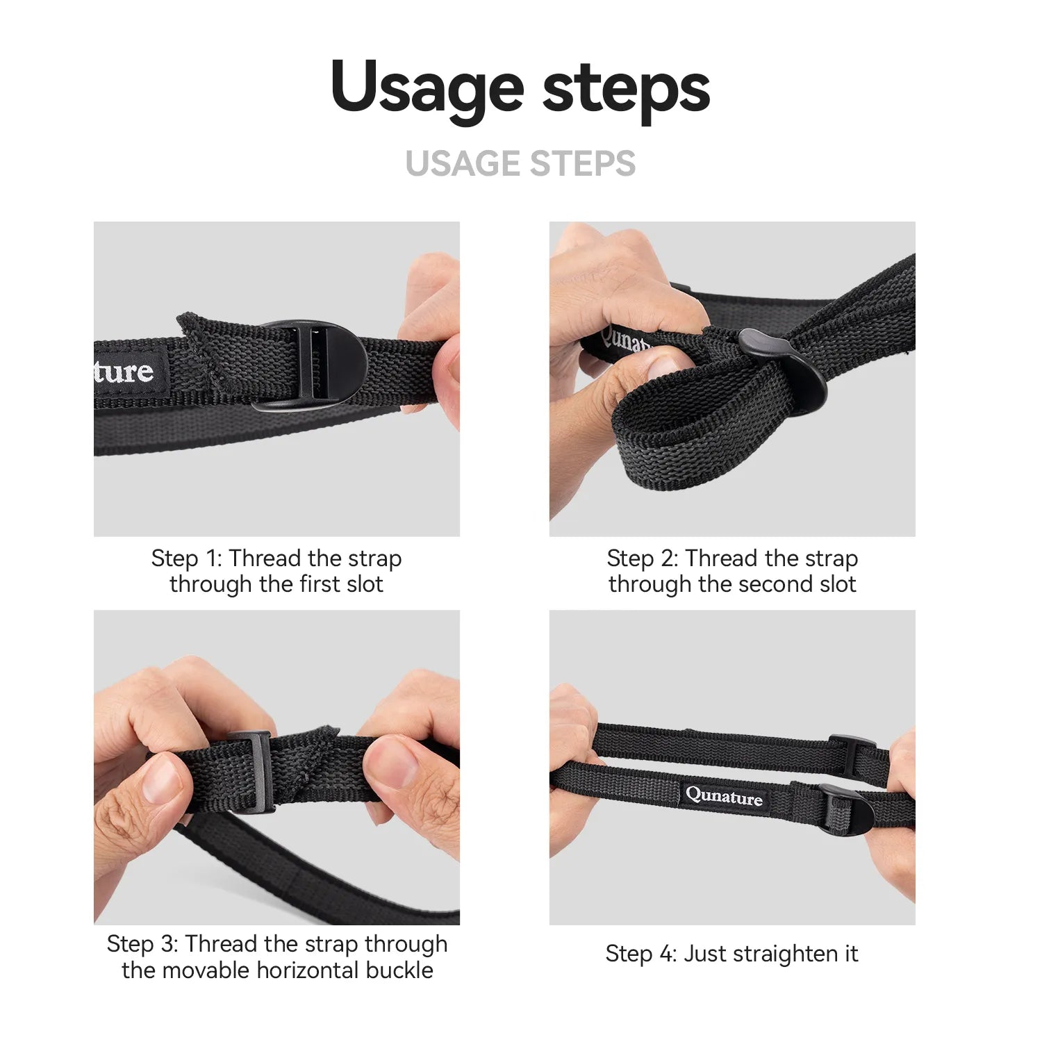 Qunature Global 2-pack multi-purpose adjustable cargo binding straps for bikepacking, shown securing gear to a bike frame.