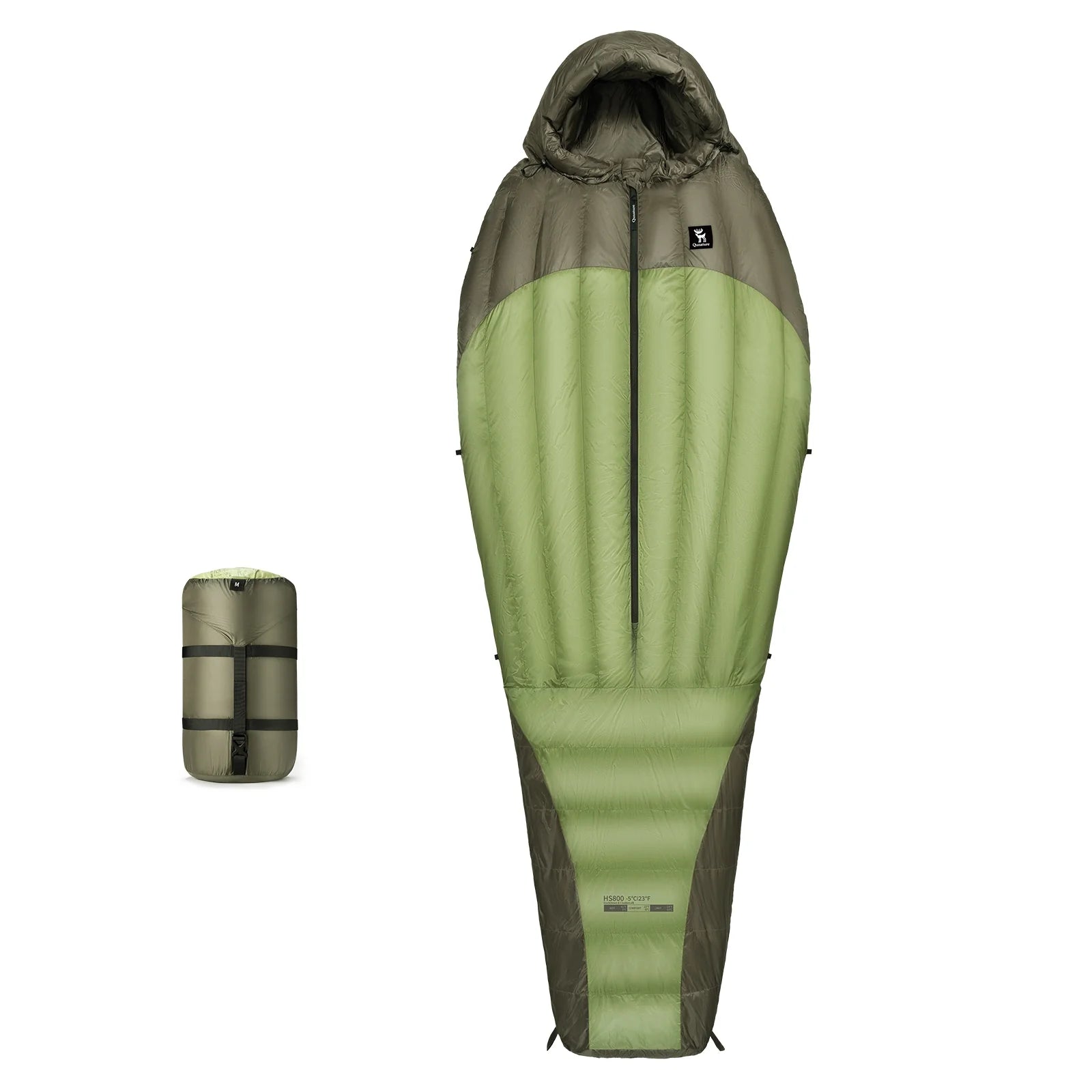Qunature Global 650 fill power down mummy sleeping bag, waterproof, designed for camping in 23°F conditions.