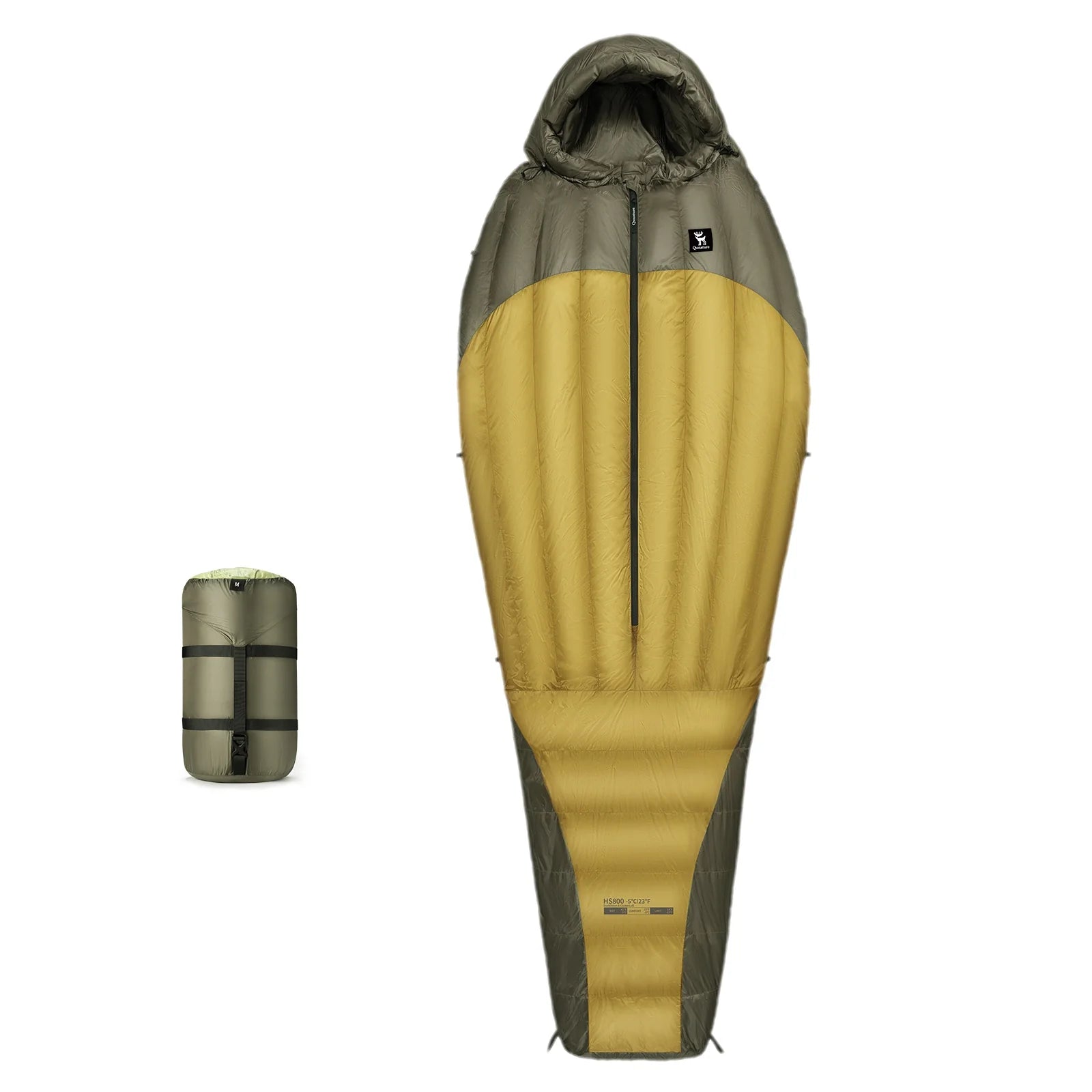 Qunature Global 650 fill power down mummy sleeping bag, waterproof design for camping, showcasing exterior and hood.