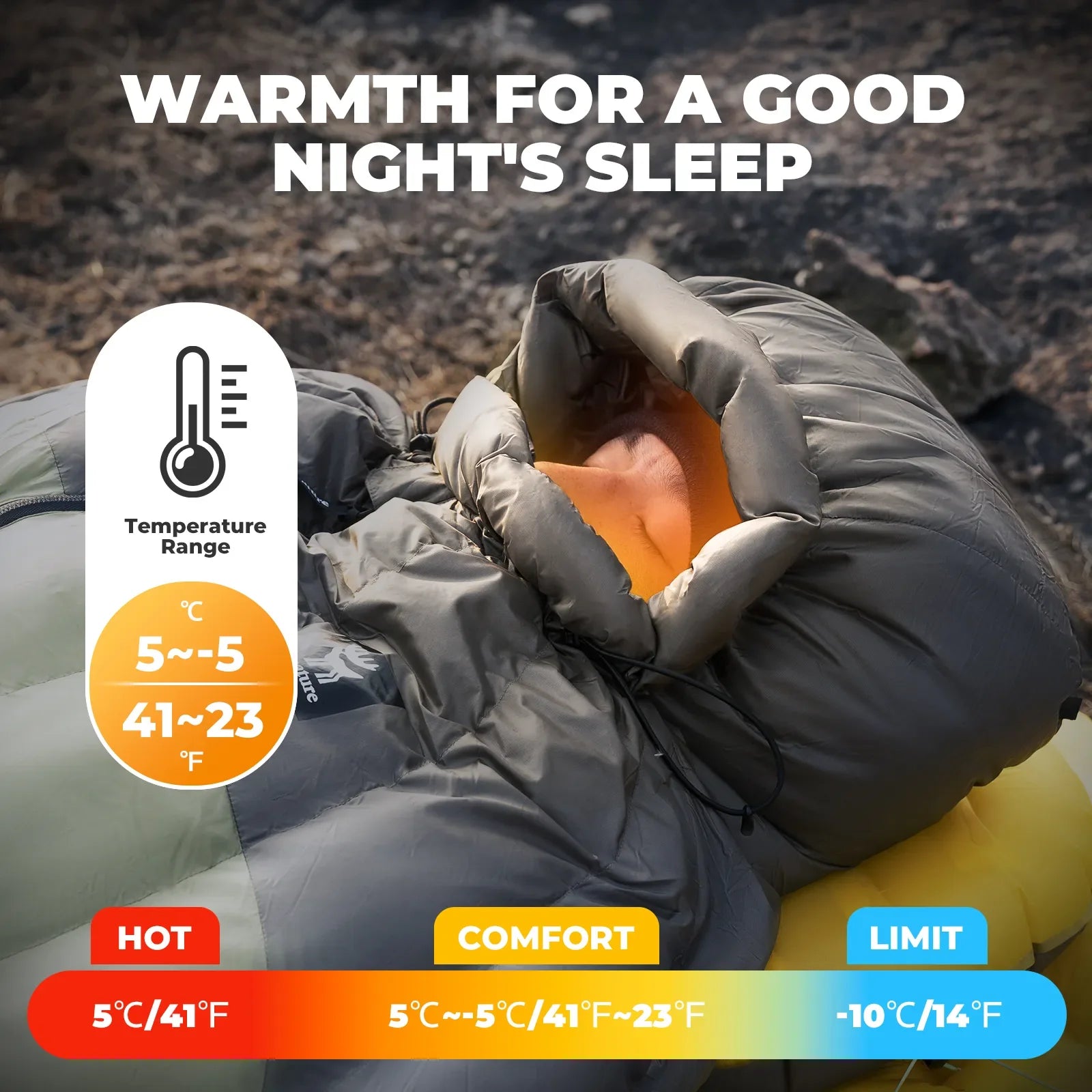 Qunature Global 650 fill power down mummy sleeping bag, waterproof design, ideal for backpacking and camping.