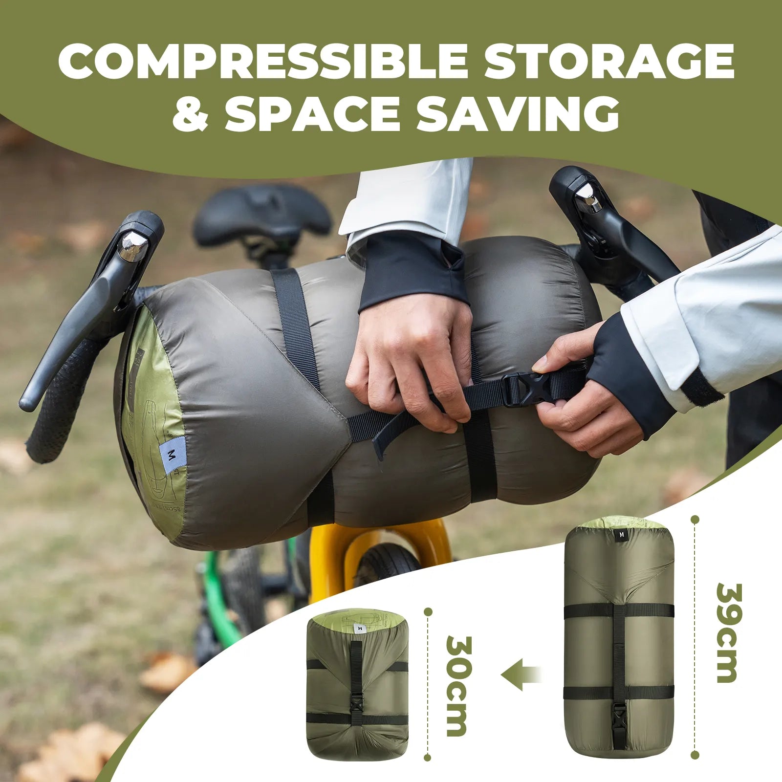 Qunature Global 650 fill power down mummy sleeping bag, waterproof, designed for backpacking in 23°F temperatures.