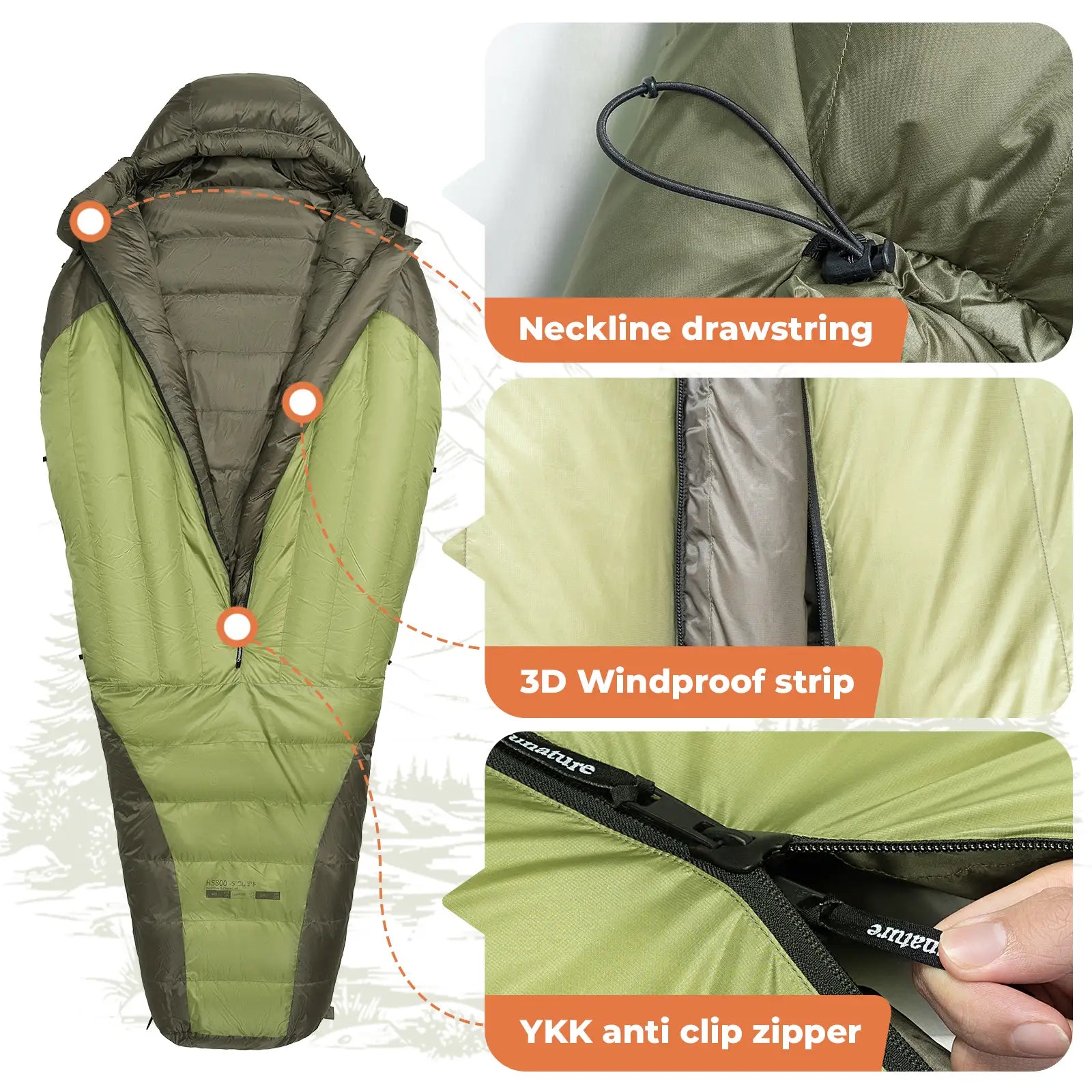 Qunature Global 650 fill power down mummy sleeping bag, waterproof design for camping, shown in a compact, rolled form.