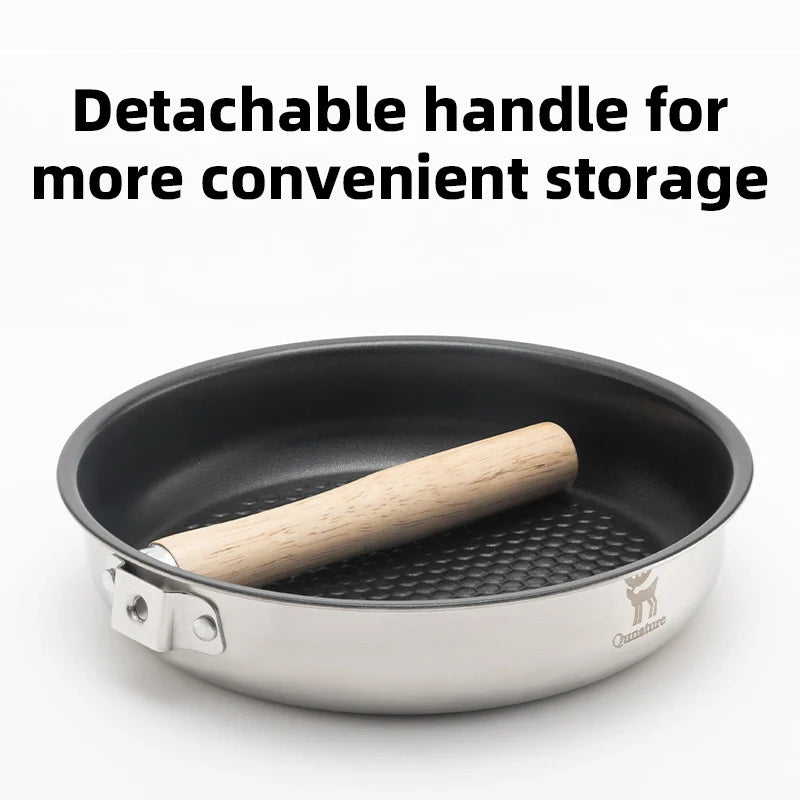 Qunature Global non-stick stainless steel frying pan with detachable handle, shown with a cooking surface and handle attachment