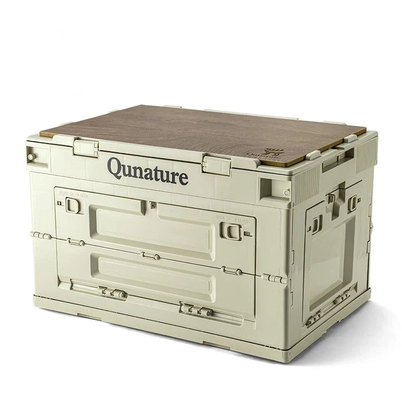 Qunature Global multi-door folding storage box set with tabletop in 60L and 26L sizes, ideal for outdoor organization.