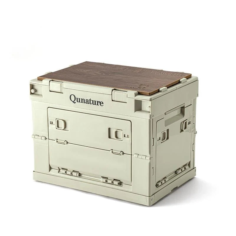 Qunature Global 60L & 26L multi-door folding storage boxes with a tabletop, ideal for organizing outdoor spaces.