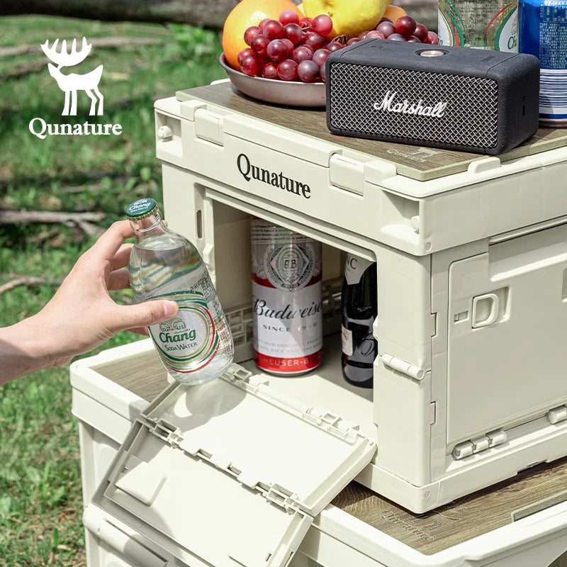 Multi-door folding storage box set by Qunature Global with 60L and 26L sizes, featuring a tabletop for convenience.