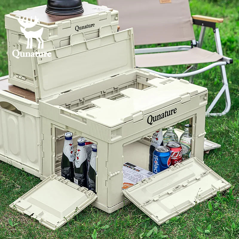 Multi-door folding storage boxes by Qunature Global, featuring a 60L and 26L capacity with a convenient tabletop.