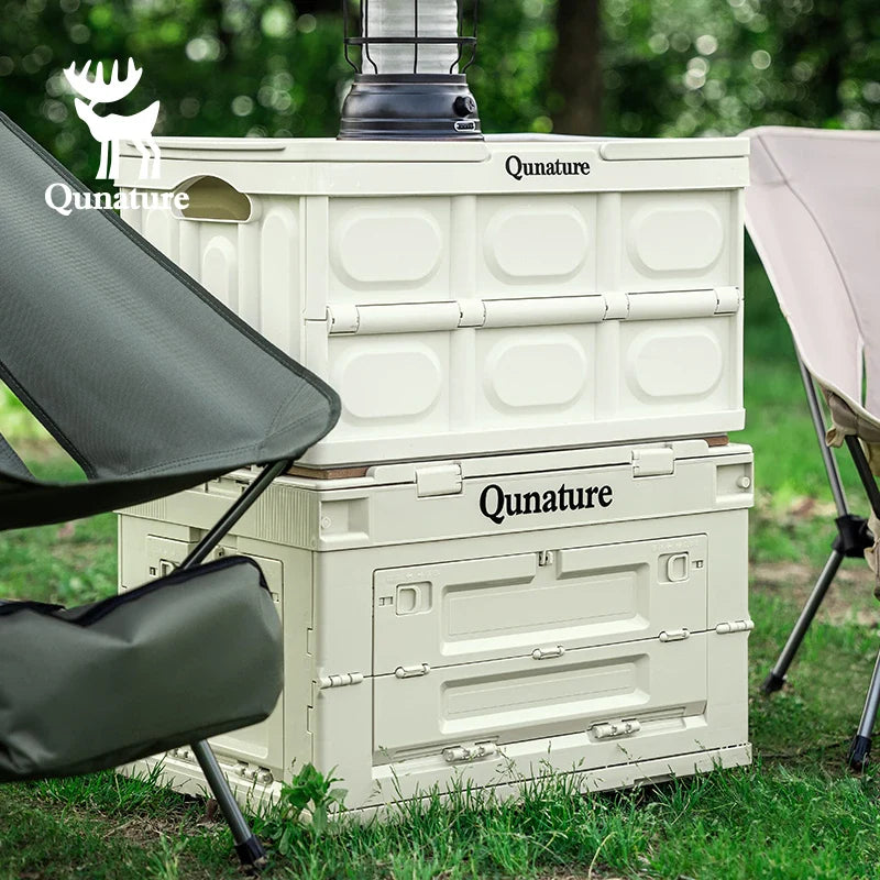 60L and 26L Qunature Global multi-door folding storage boxes with a tabletop, showcasing durable design and ample storage space.