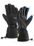 Qunature Global outdoor insulated ski gloves showing windproof, waterproof material and touchscreen-compatible fingertips for winter skiing.