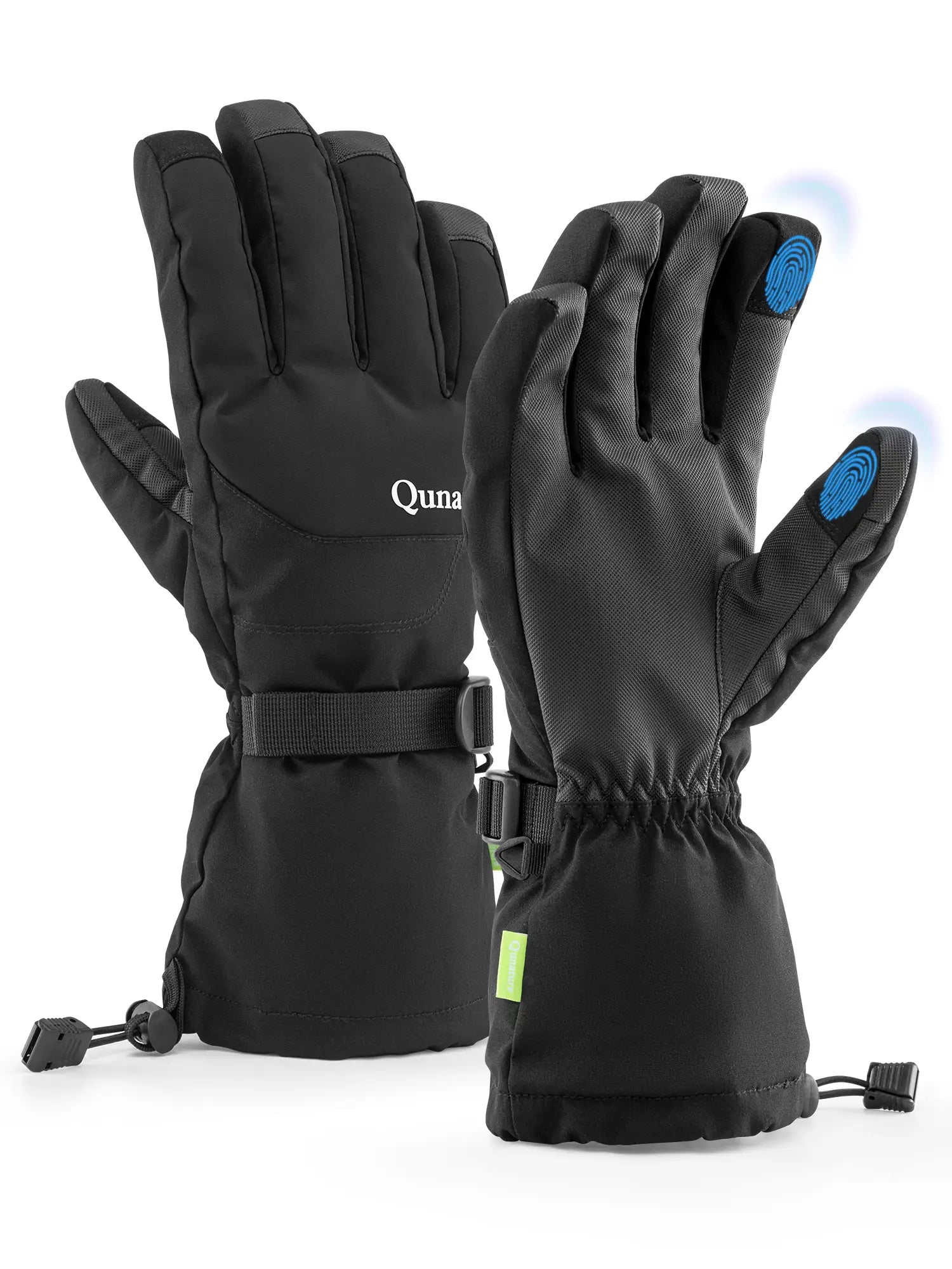 Qunature Global outdoor insulated ski gloves showing windproof, waterproof material and touchscreen-compatible fingertips for winter skiing.
