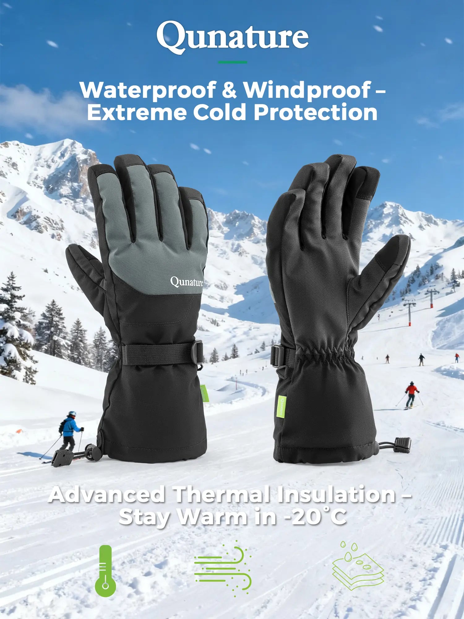 Qunature Global outdoor insulated ski gloves with waterproof windproof fabric and touchscreen compatibility, designed for winter sports.
