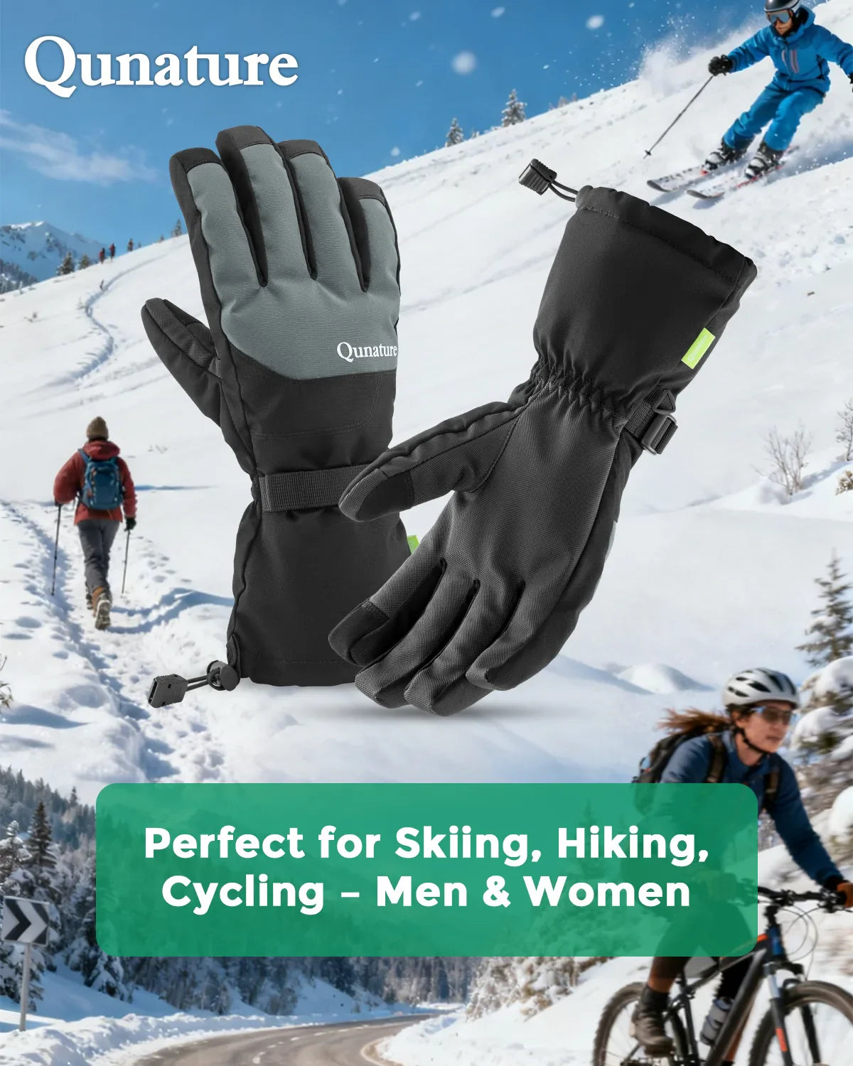Qunature Global outdoor insulated ski gloves with waterproof windproof fabric and touchscreen compatibility, designed for cold weather skiing.