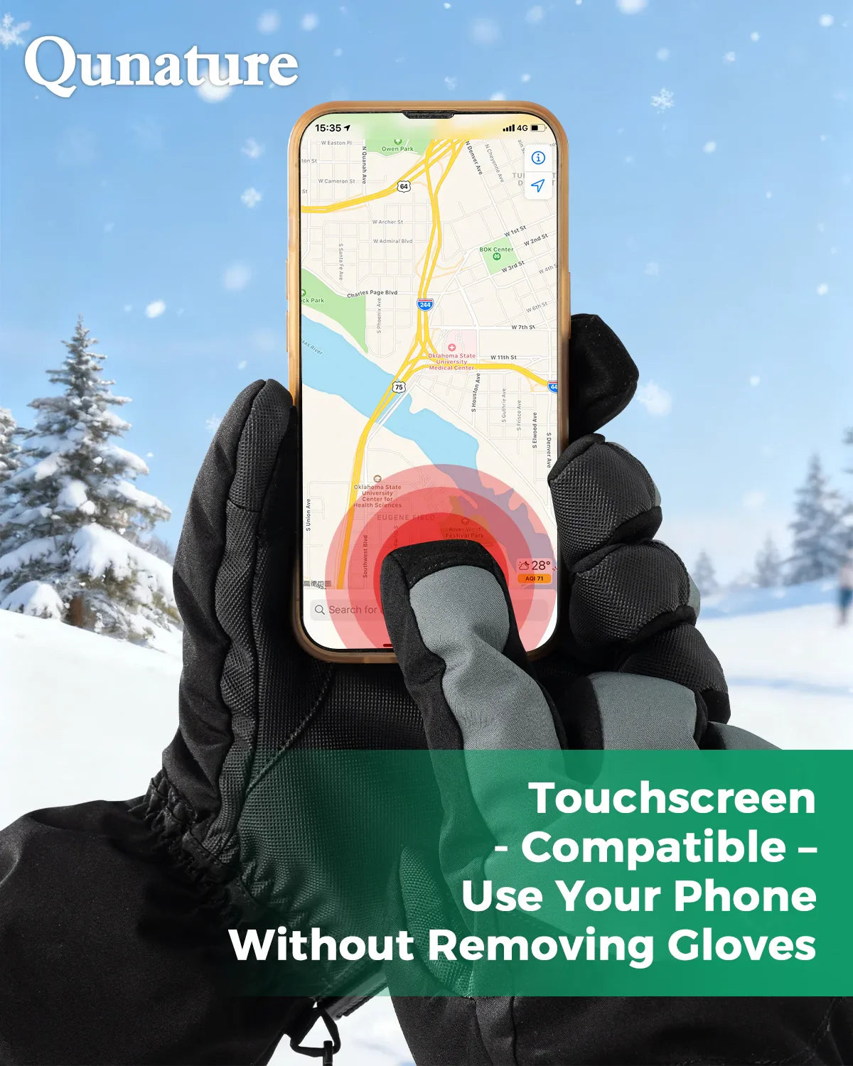 Qunature Global outdoor insulated ski gloves with windproof waterproof design and touchscreen compatibility, suitable for winter sports.
