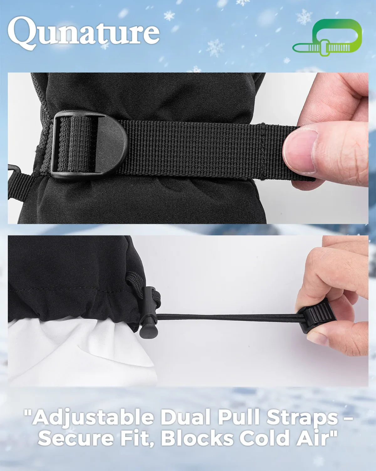 Qunature Global outdoor insulated ski gloves with waterproof and windproof features, touchscreen compatible for winter skiing.