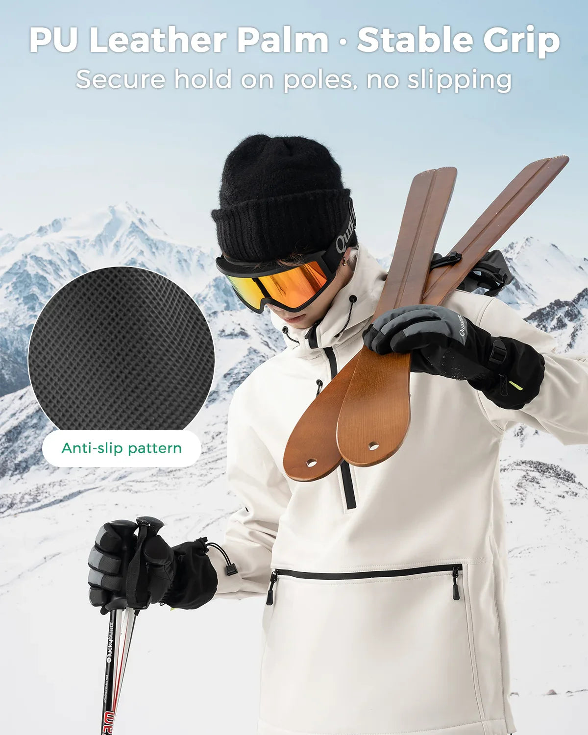 Qunature Global outdoor insulated ski gloves with waterproof, windproof design and touchscreen compatibility for cold weather skiing.