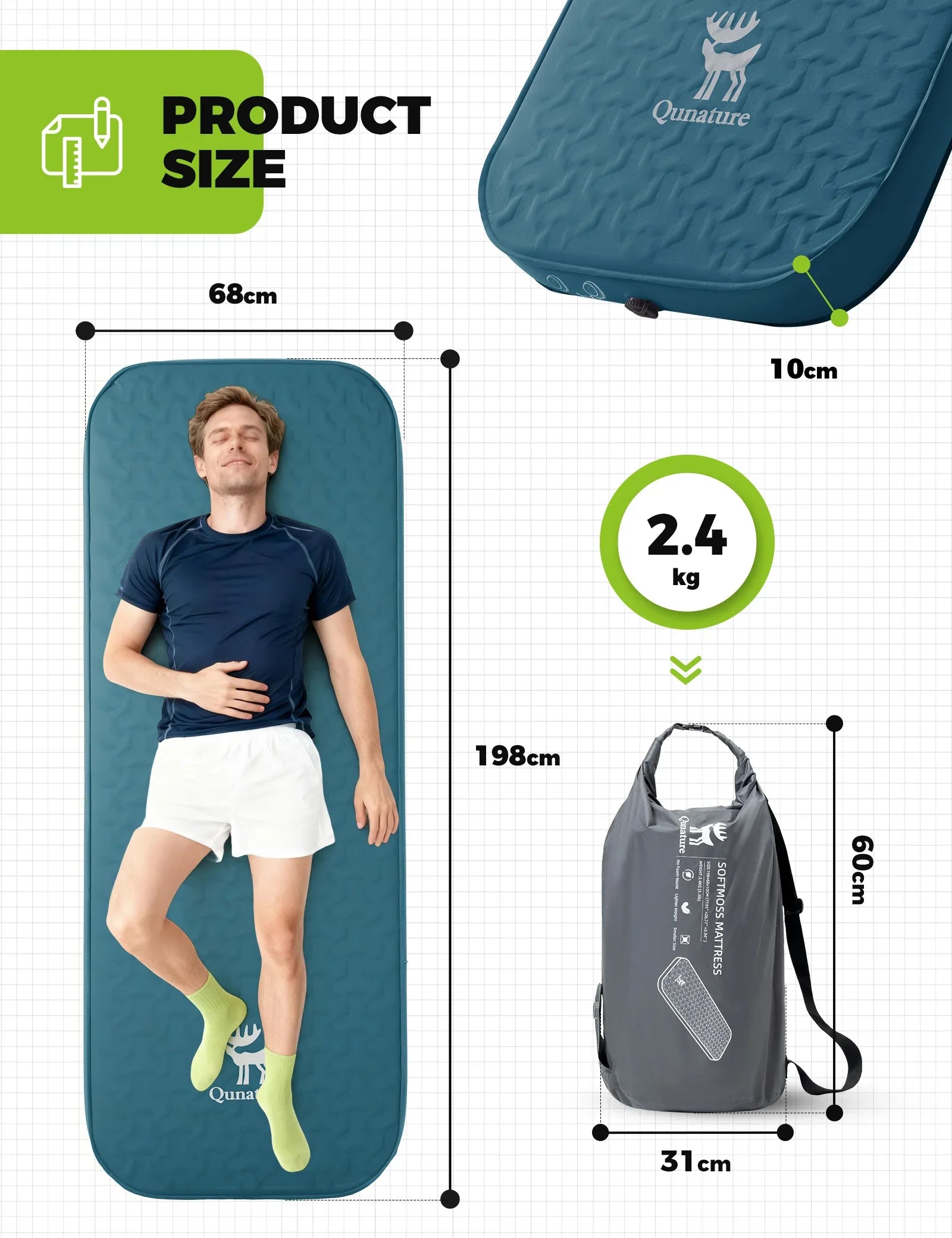 Qunature Global portable inflating sleeping pad with foam, compact design, and mini air pump for camping comfort.