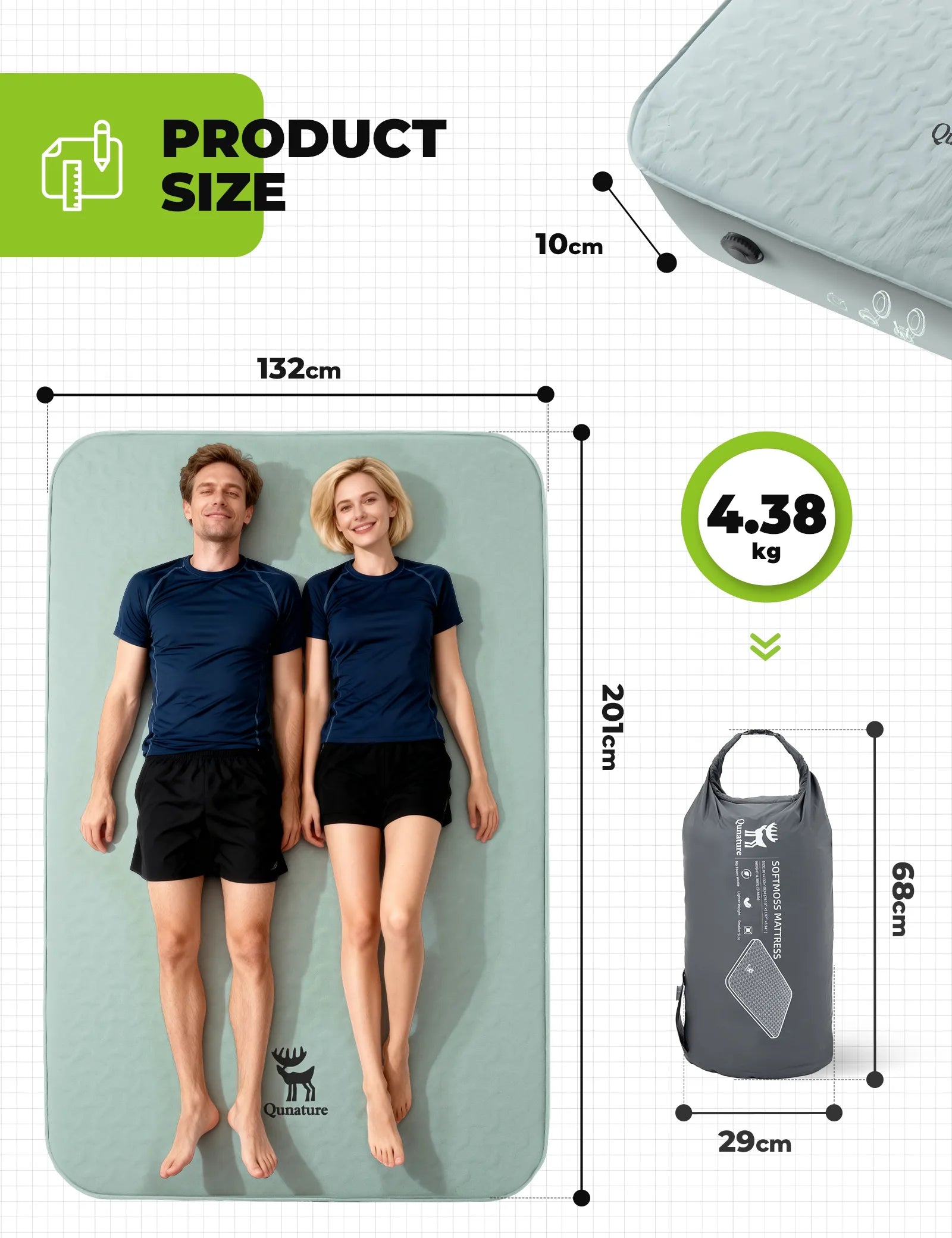 Qunature Global portable inflatable sleeping pad with foam for camping, shown with mini air pump and double size for outdoor sleeping.