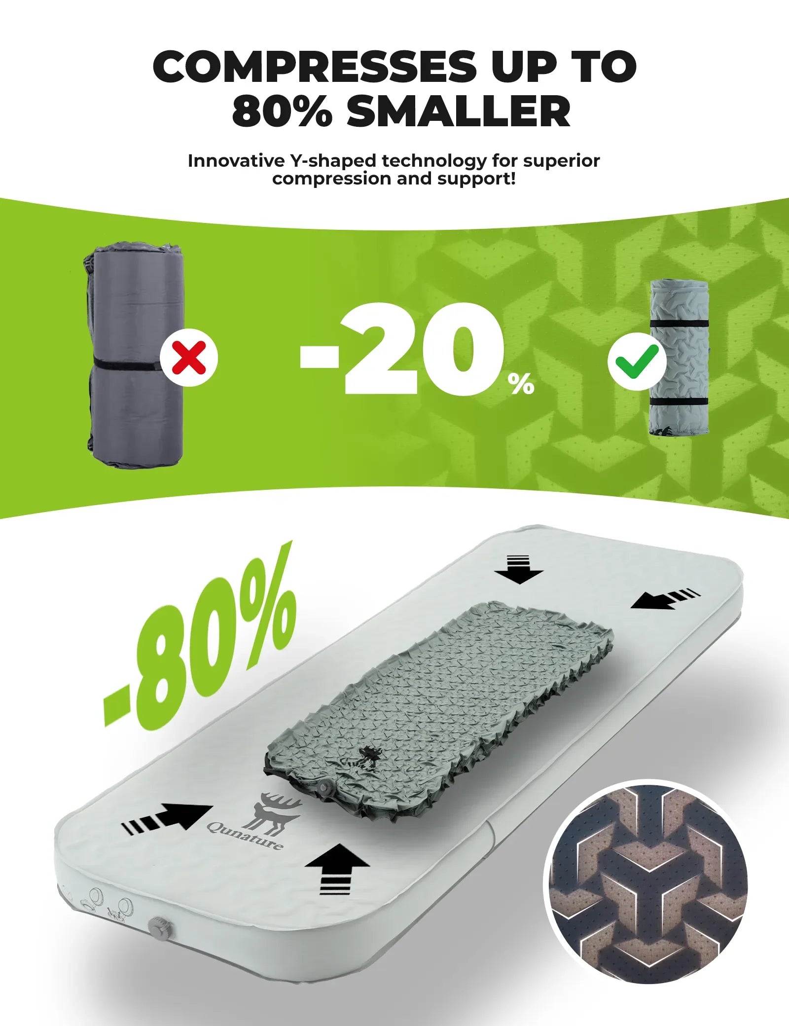 Qunature Global portable inflating sleeping pad with foam and mini air pump, ideal for camping comfort and easy setup.