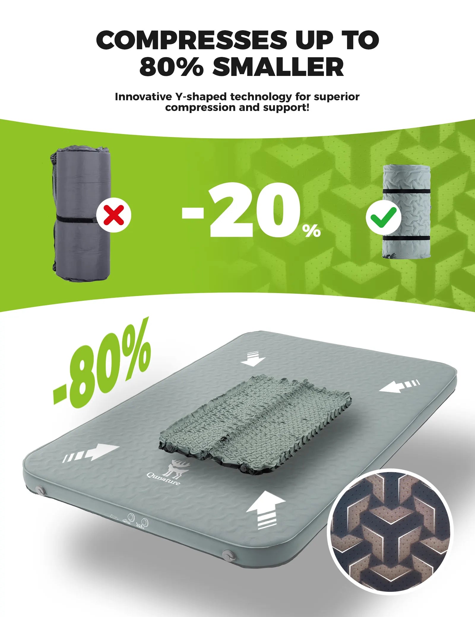 Qunature Global portable inflatable sleeping pad with foam, compact design, and mini air pump for camping comfort
