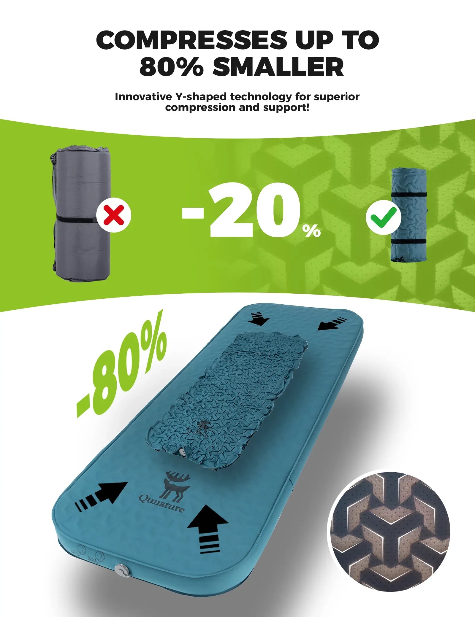 Qunature Global portable inflating sleeping pad with foam and mini air pump, suitable for camping and outdoor sleeping comfort.