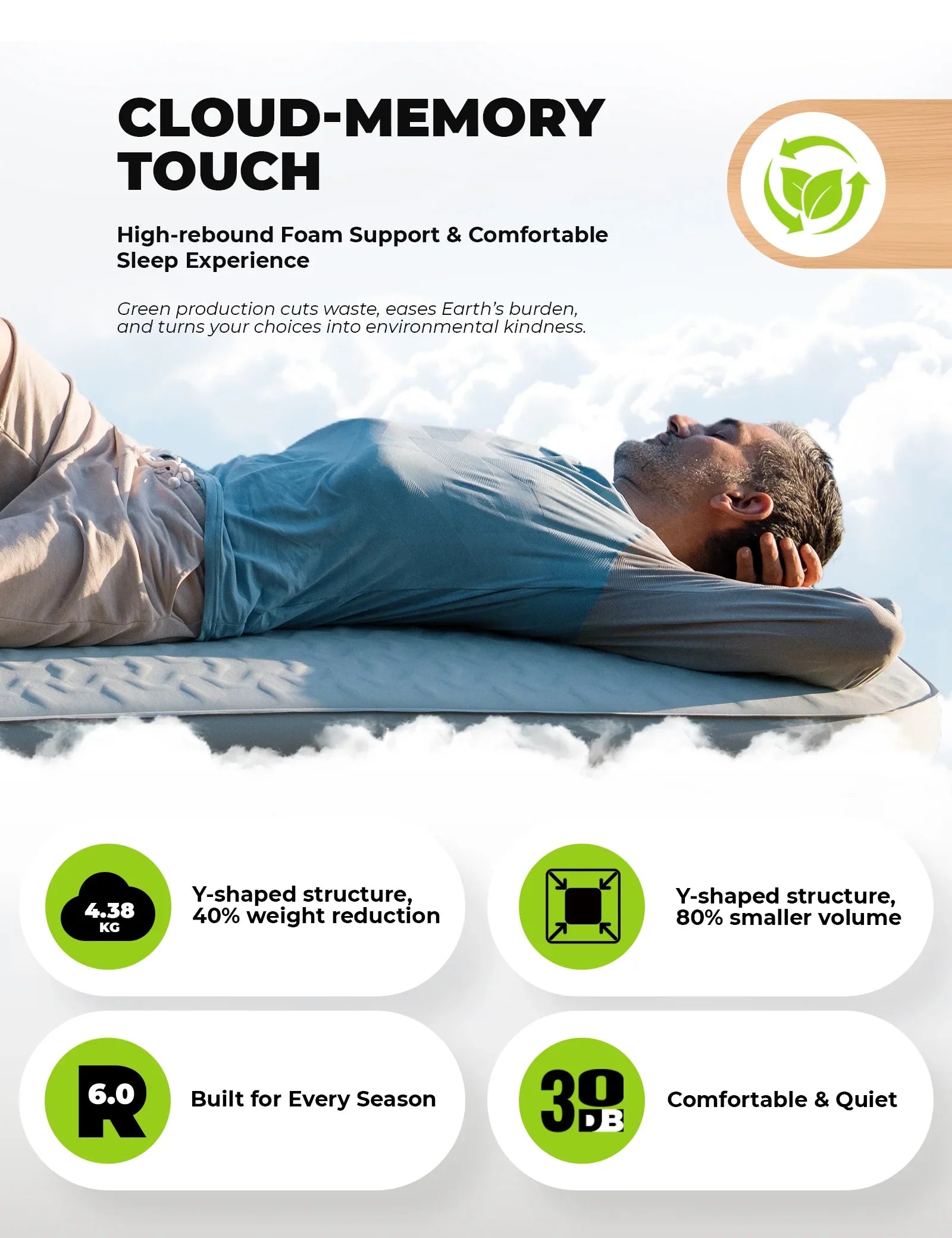 Qunature Global portable inflatable sleeping pad with foam layer for camping, shown with mini air pump in the image.