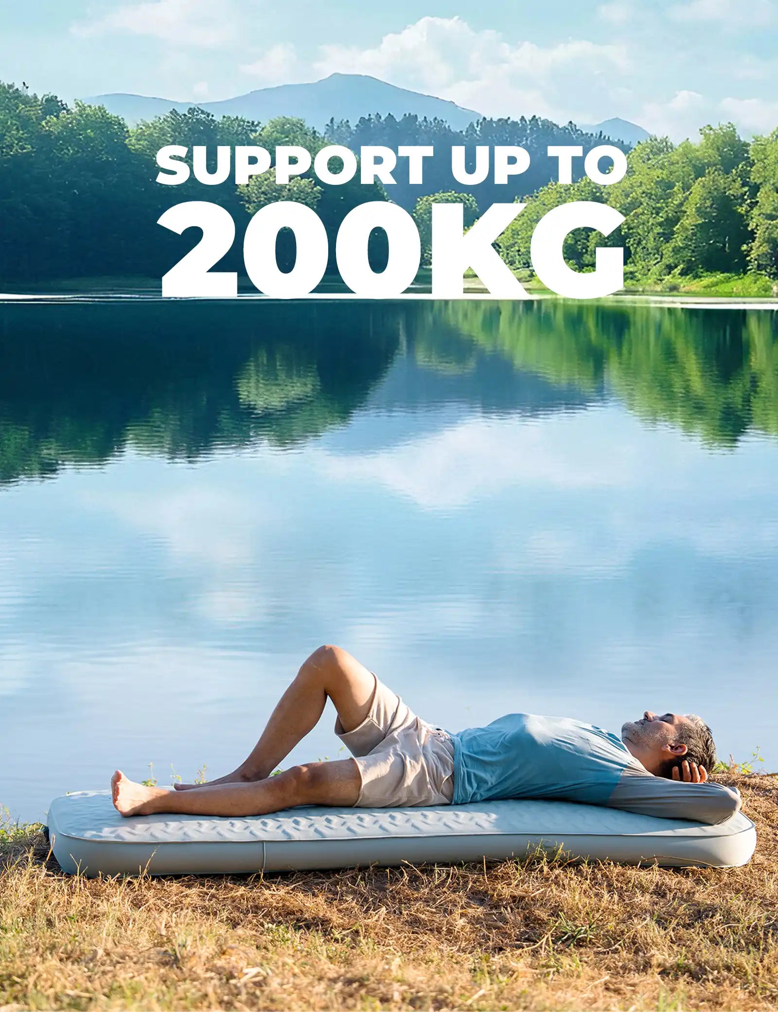Qunature Global portable inflating sleeping pad with foam and mini air pump for camping, shown in a compact, ready-to-use setup.