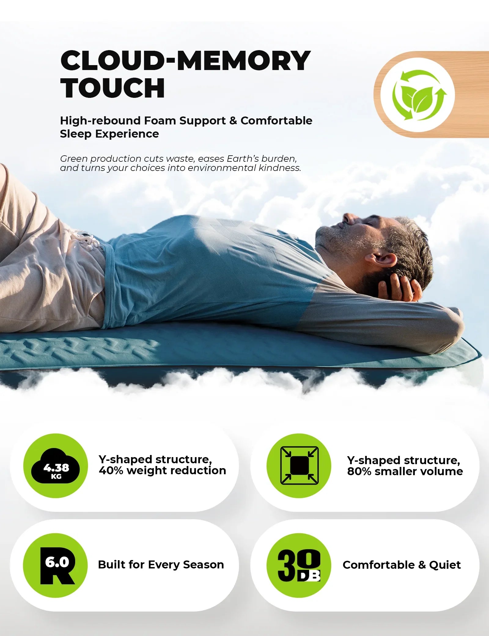 Qunature Global portable inflating sleeping pad with foam and mini air pump for camping, shown in a compact, ready-to-use state.