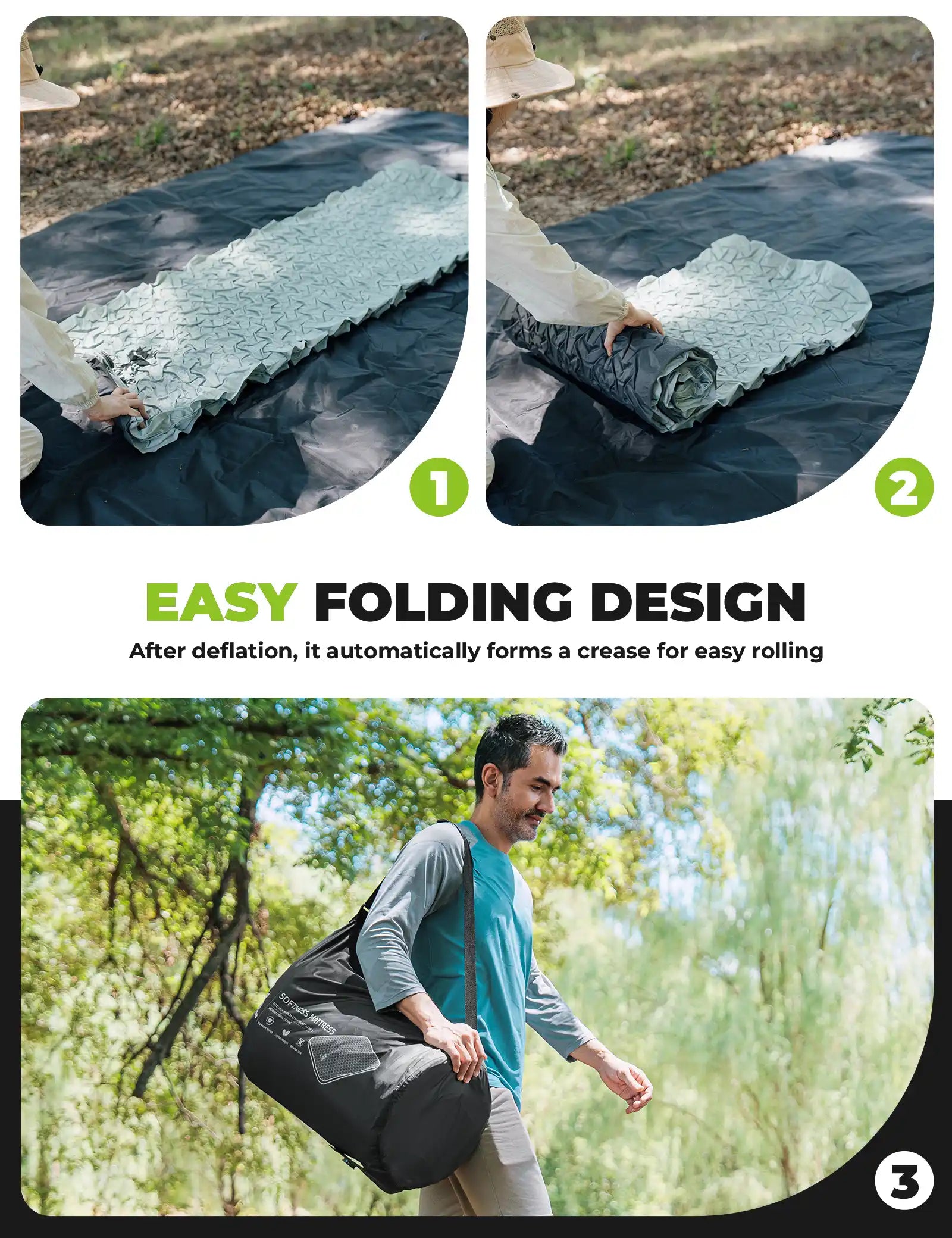 Qunature Global portable inflating sleeping pad with foam and mini air pump, ideal for camping and outdoor sleeping comfort.