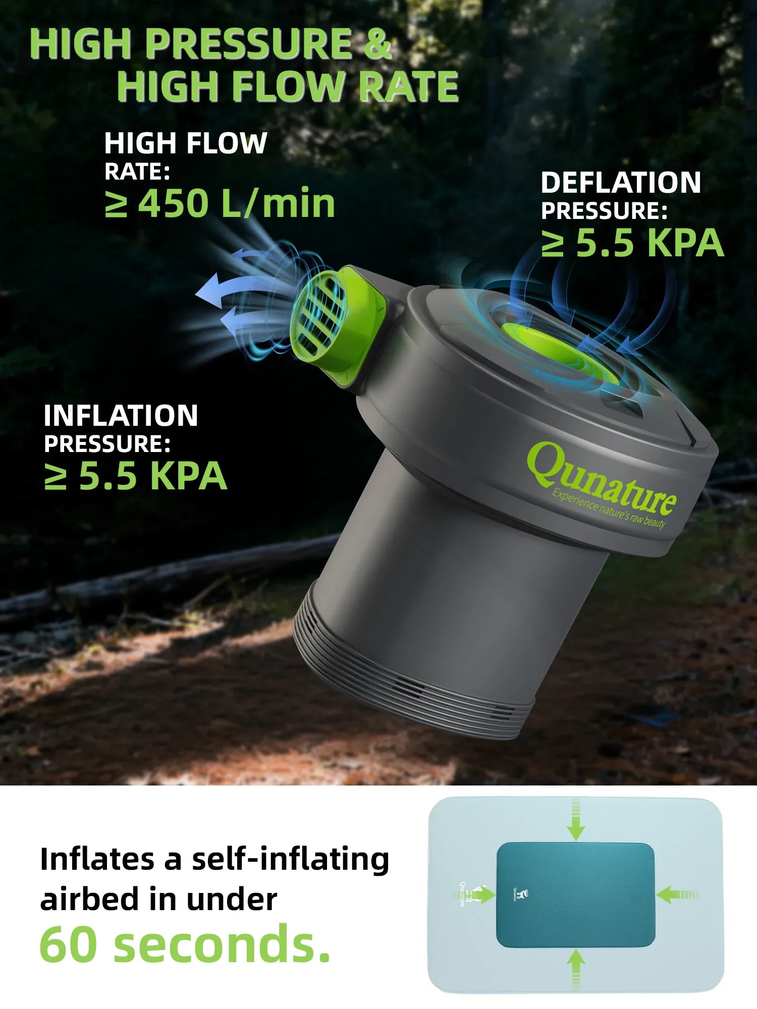Qunature Global 5KPa rechargeable mini electric air pump with 3 nozzles and Type-C cable, shown with foam pads.