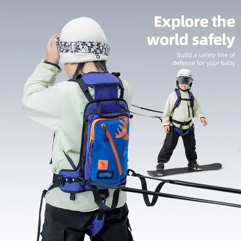 Qunature Global ski training strap for children, adjustable harness for skiing and snowboarding, shown in use.