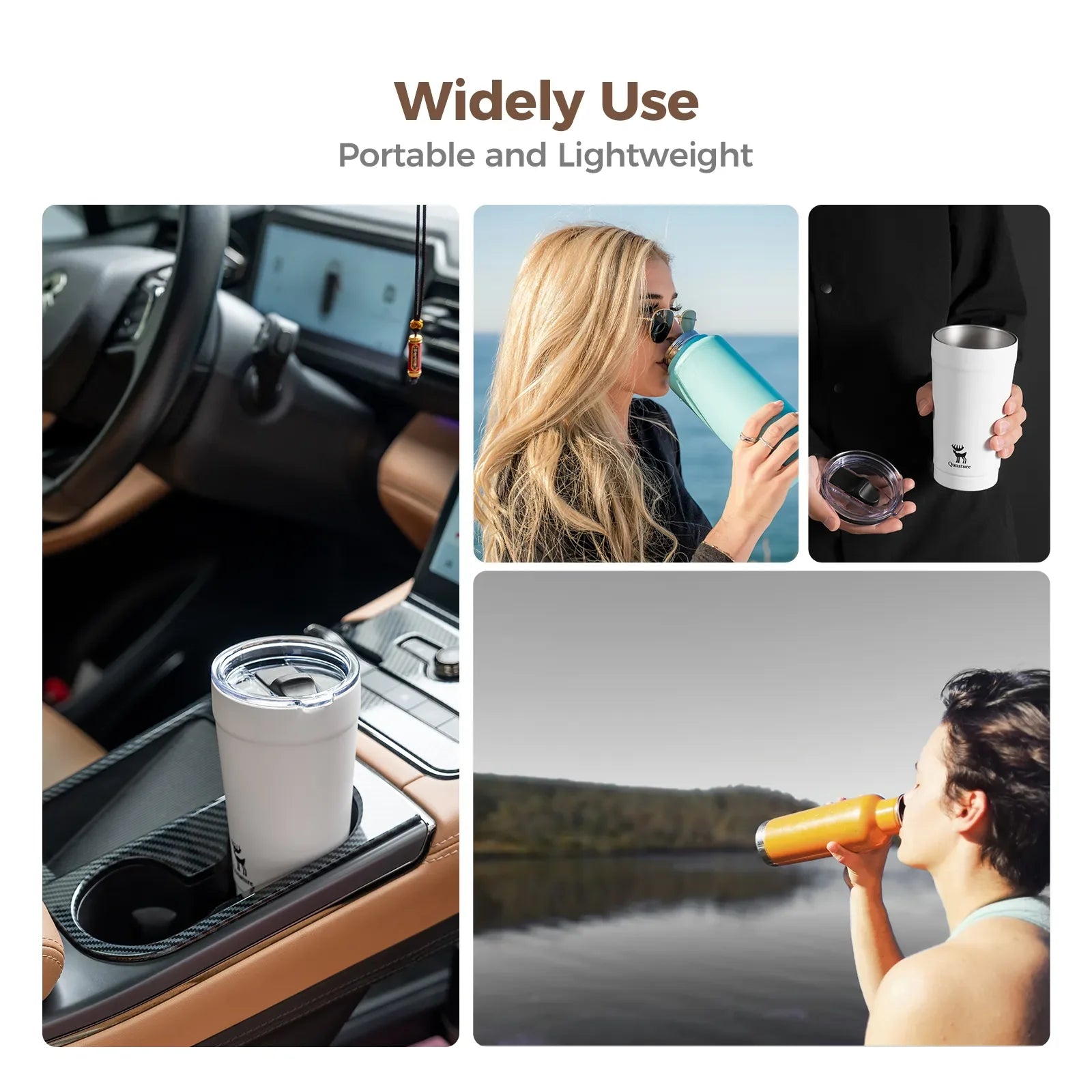 Qunature Global stainless steel coffee cup with eco-friendly design and 6-hour thermal insulation for hot and cold beverages.