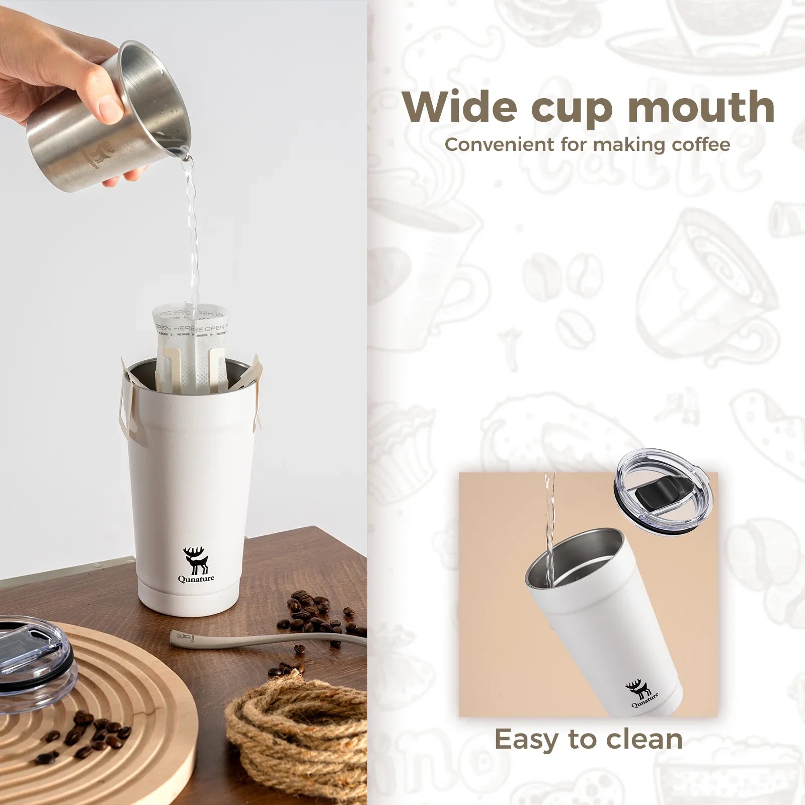 Qunature Global stainless steel coffee cup with eco-friendly design, 6-hour thermal insulation for hot and cold beverages.