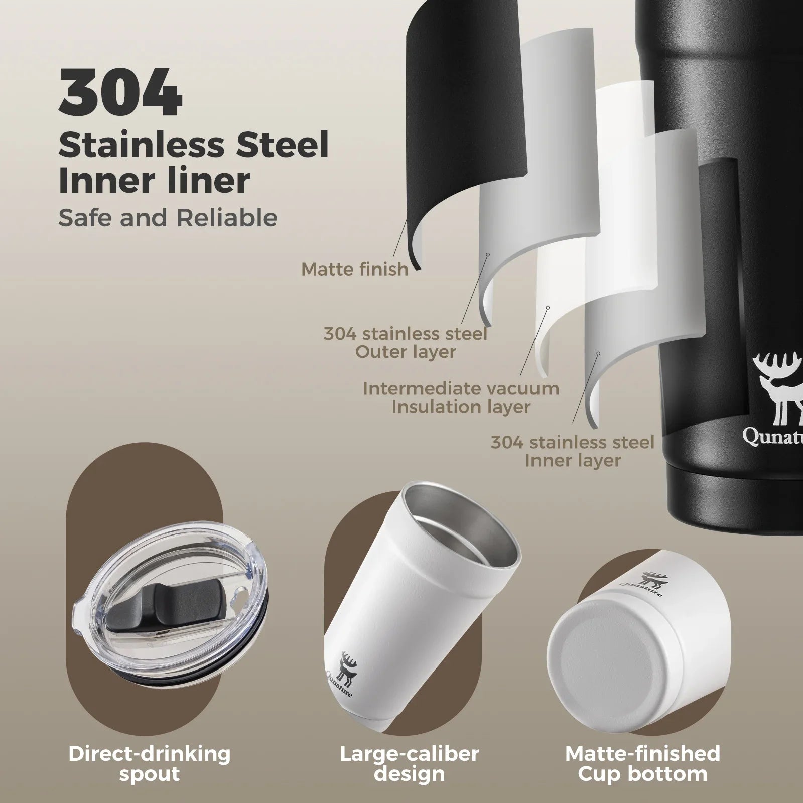Stainless steel Qunature Global coffee cup with eco-friendly design, 6-hour thermal insulation for hot and cold beverages.