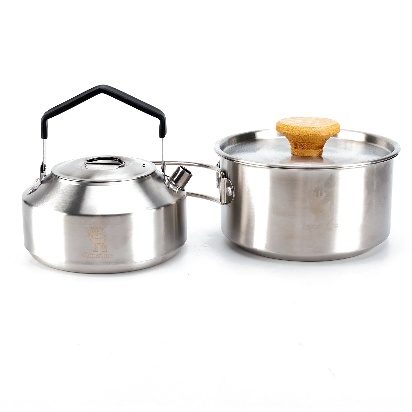 Qunature Global stainless steel tea set with foldable pot and kettle, ideal for outdoor camping and adventures.