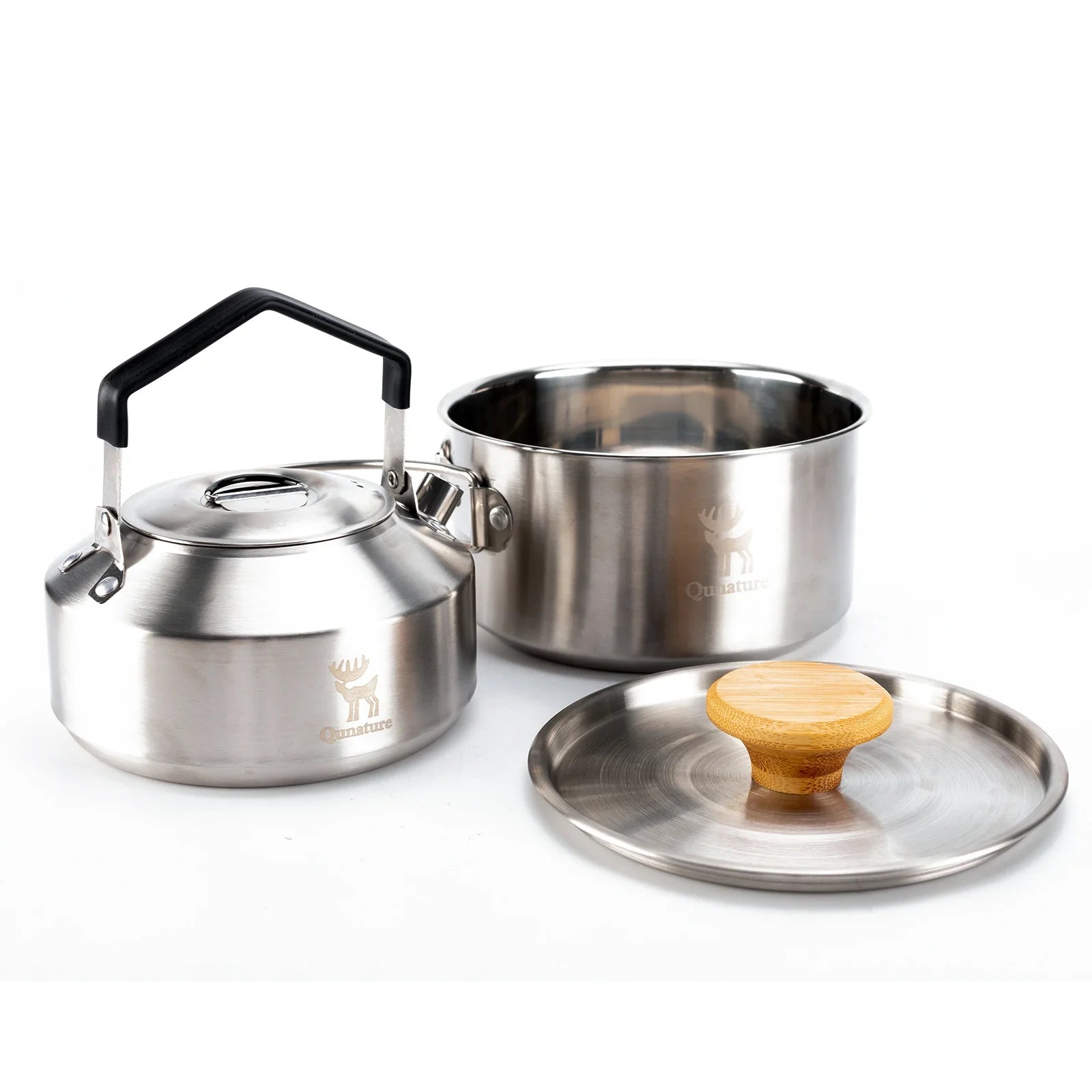 Stainless steel tea set with foldable pot and kettle for outdoor camping, designed by Qunature Global for camping cookware.
