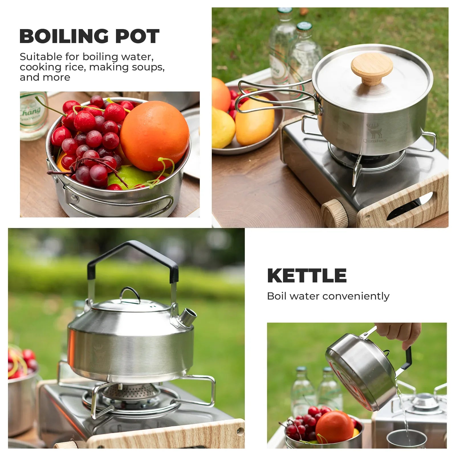 Stainless steel Qunature Global tea set with foldable pot and kettle, ideal for outdoor camping and adventures.