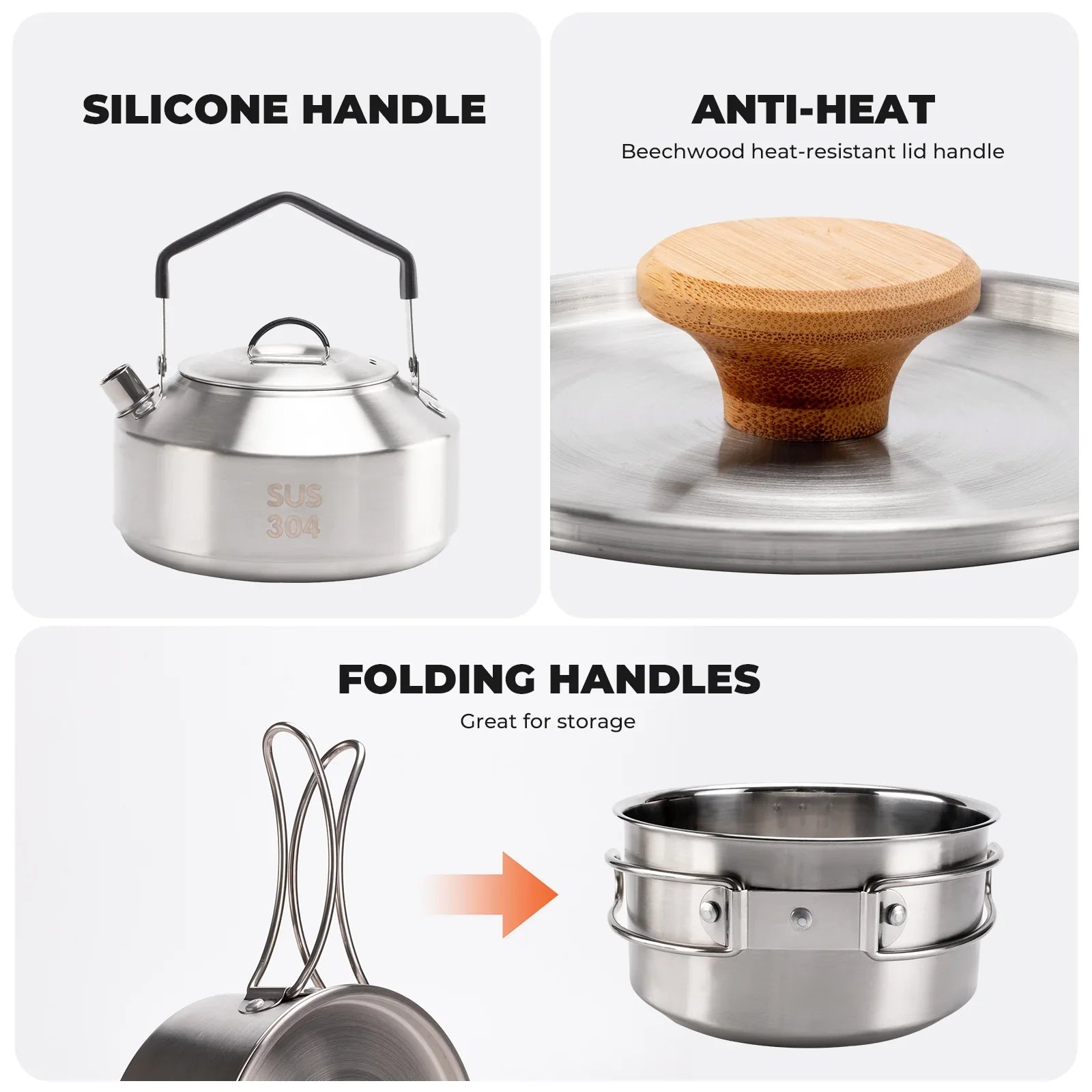 Stainless steel tea set with foldable pot and kettle by Qunature Global, ideal for outdoor camping and adventures.