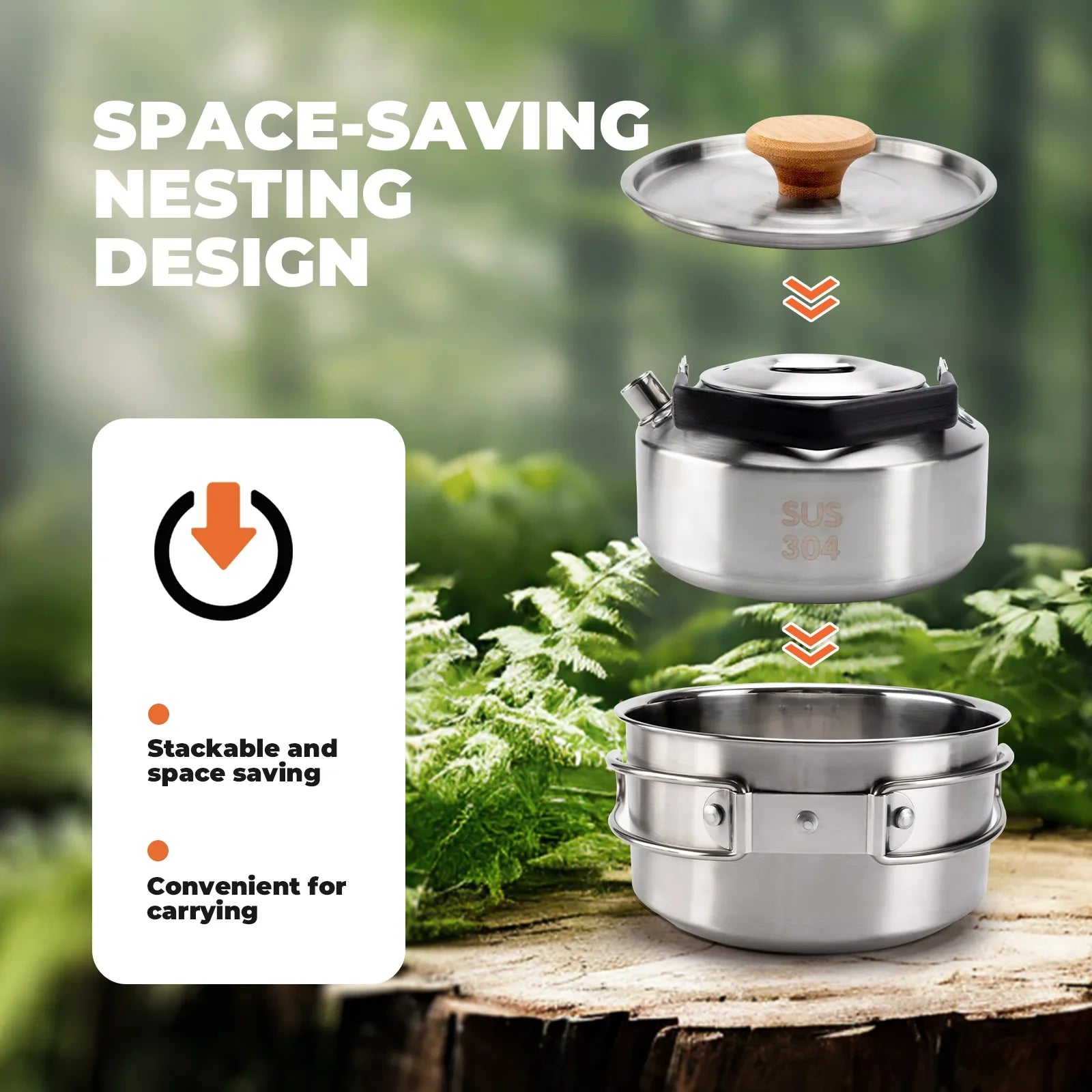 Stainless steel Qunature Global tea set with foldable pot and kettle, ideal for outdoor camping and adventures.