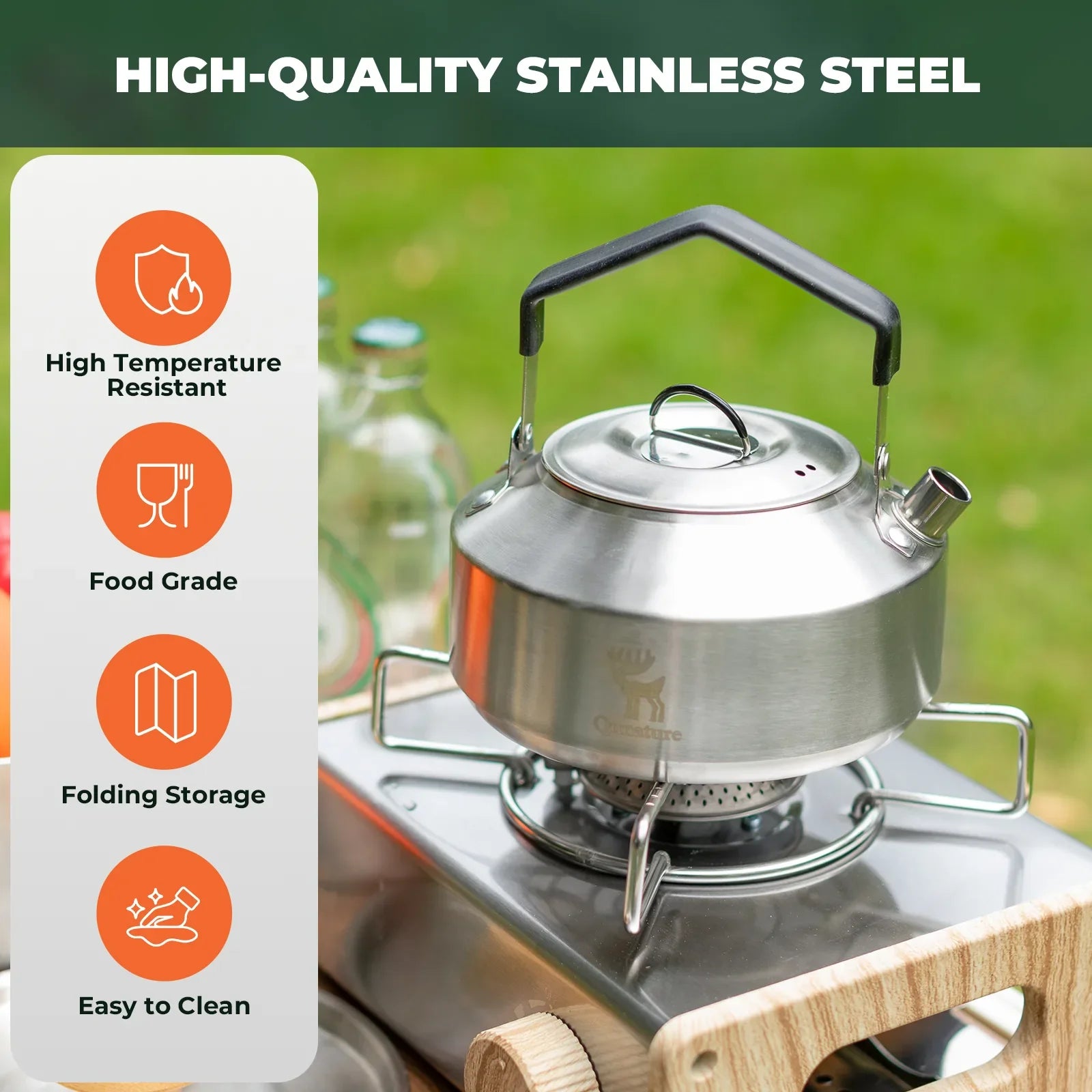 Stainless steel tea set with foldable pot and kettle from Qunature Global, ideal for outdoor camping and adventures.
