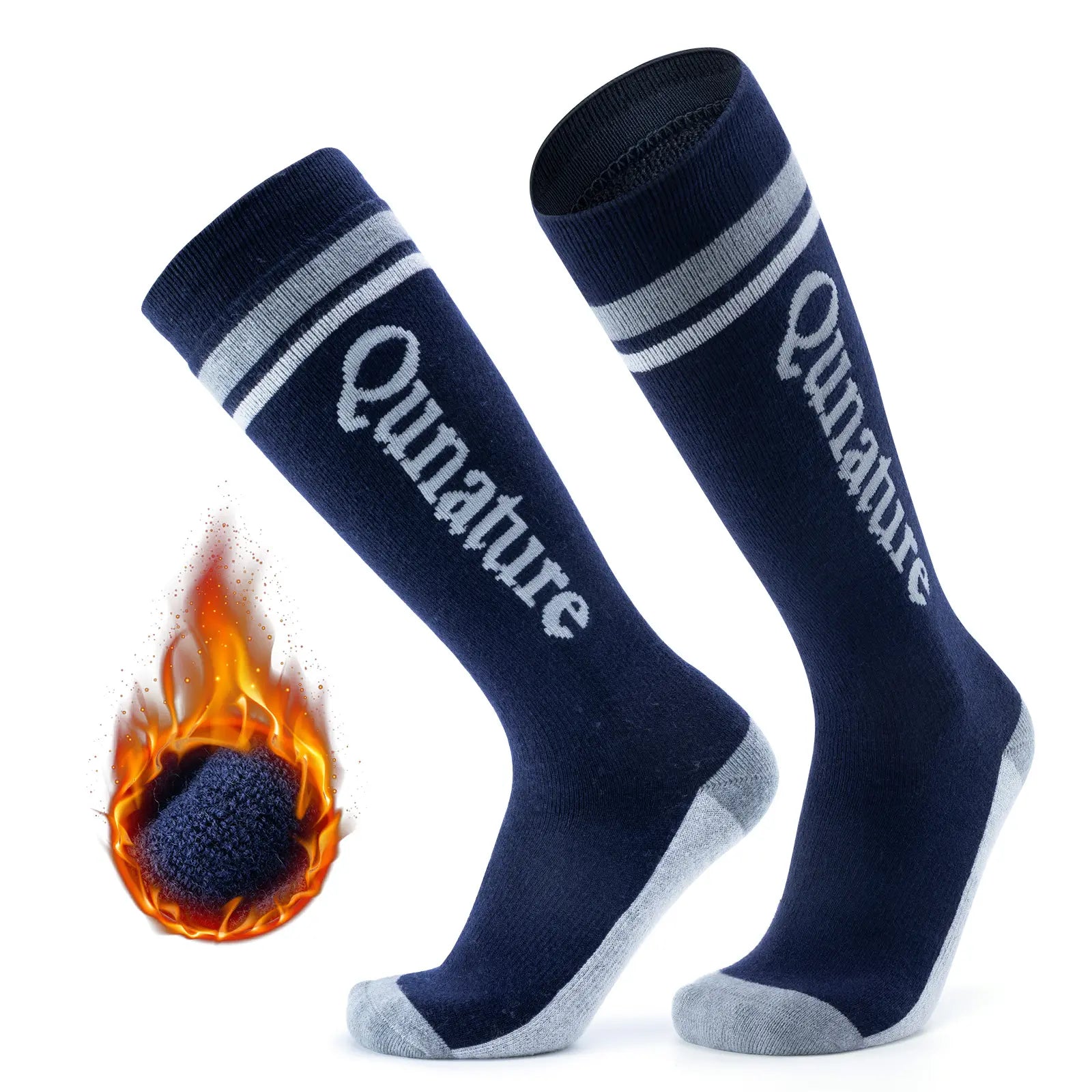 Qunature Global thermal wool blend ski socks, knee-high winter socks designed for cold weather and outdoor skiing.