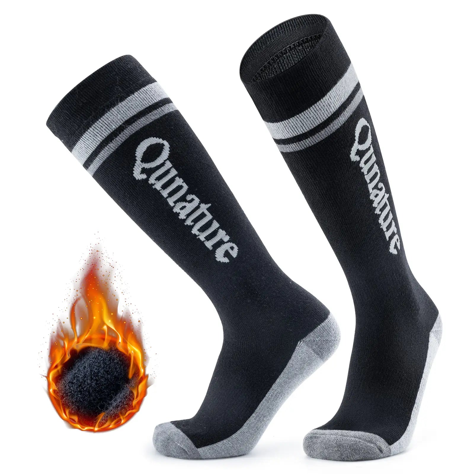 Qunature Global thermal wool blend ski socks, knee-high winter socks designed for warmth and cold weather skiing.