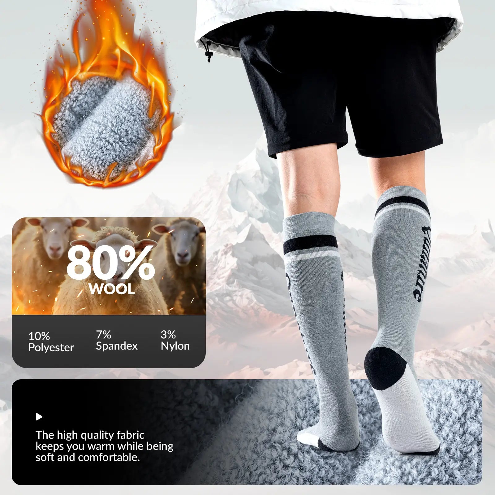Qunature Global thermal wool blend ski socks, knee-high winter socks designed for cold weather and ski activities.