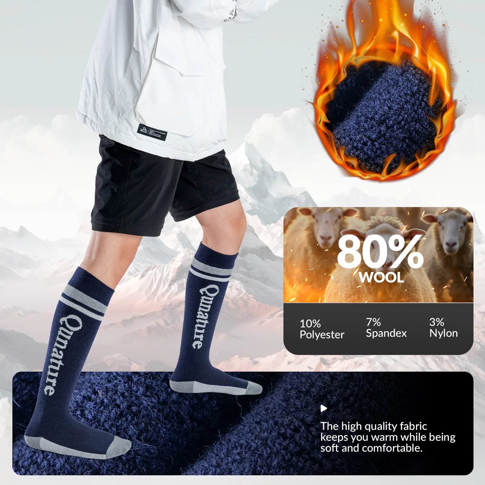 Qunature Global thermal wool blend ski socks, knee-high winter socks with warm, soft fabric for cold weather skiing and outdoor winter activities