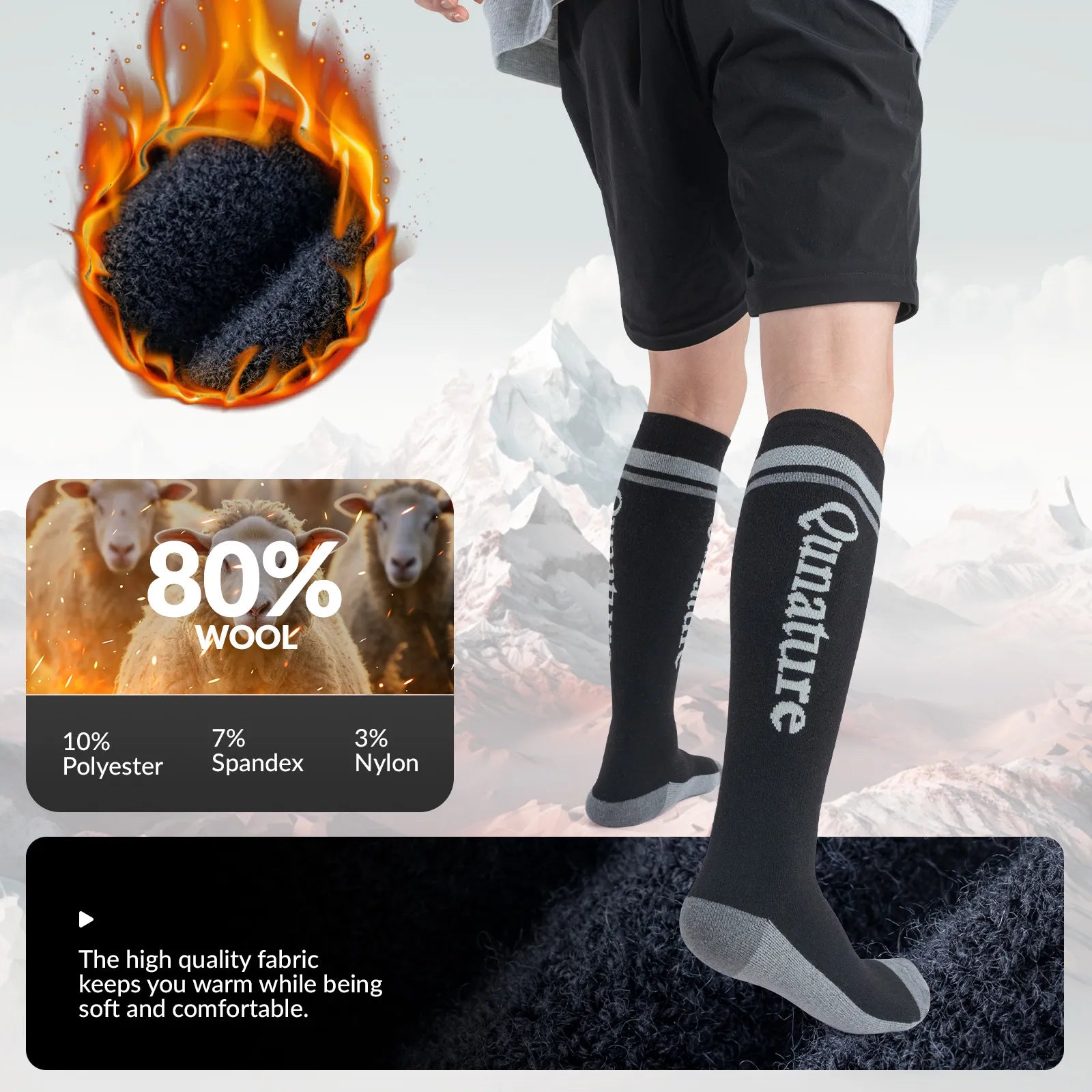Qunature Global thermal wool blend ski socks for winter, knee-high warm socks designed for cold weather and skiing comfort