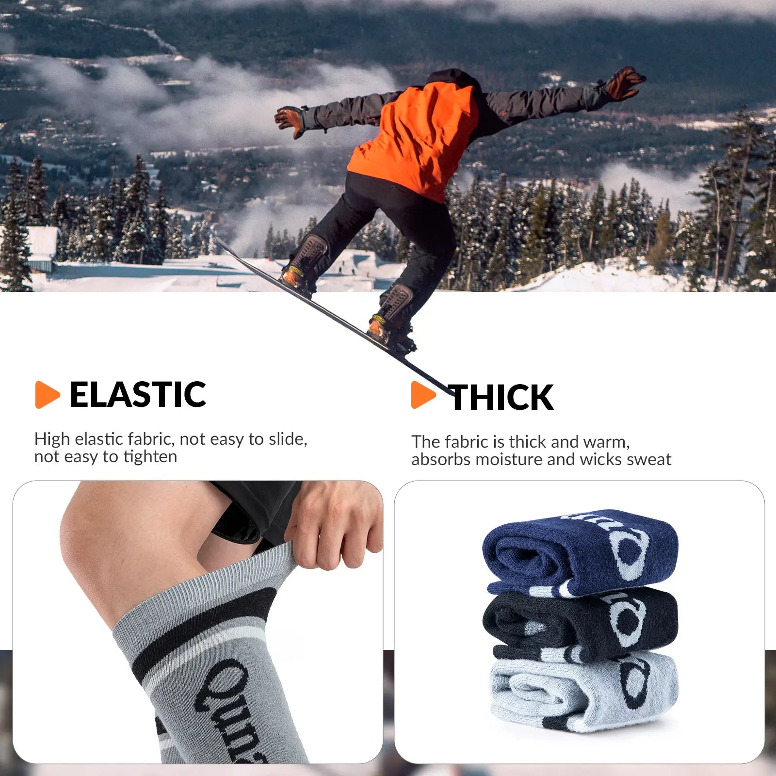Qunature Global thermal wool blend ski socks, knee-high winter socks designed for warmth and comfort in cold weather.